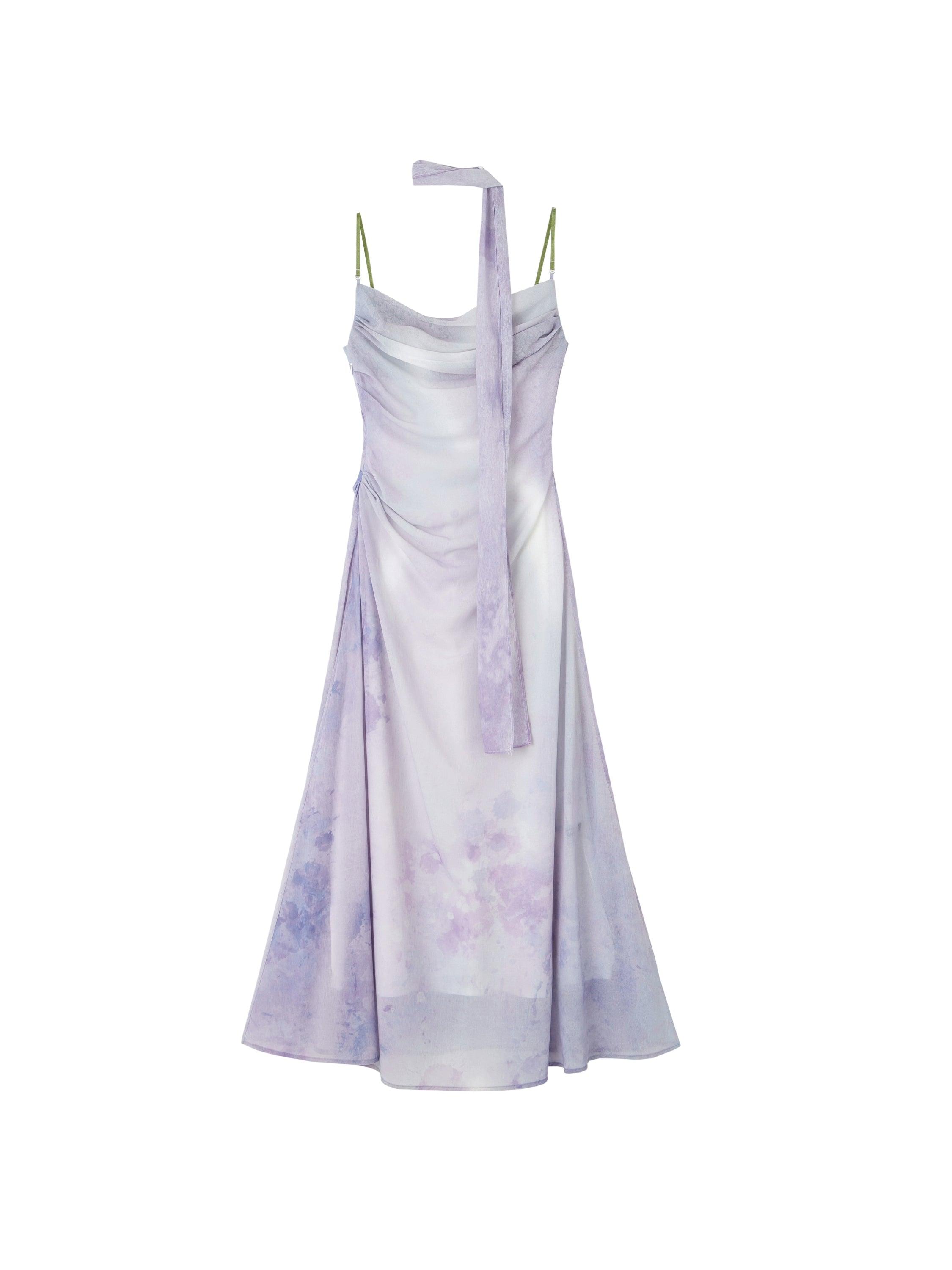 Of Akiva Ethereal Watercolor Maxi Dress - Women'S Spaghetti Strap A-Line Gown With Asymmetric Scarf Detail