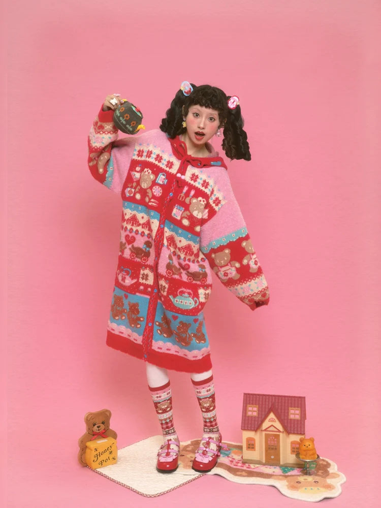 Sweet Bear Fair Isle Hooded Long Cardigan