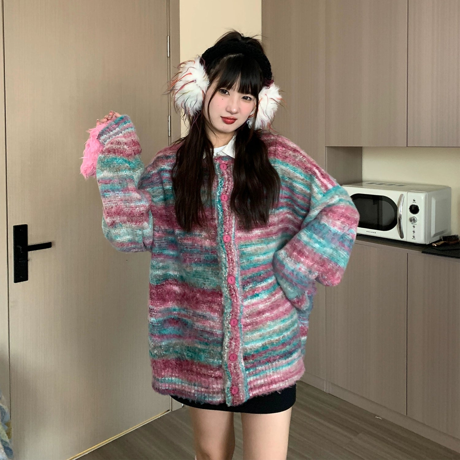 Oversized Fuzzy Striped Button-Up Cardigan