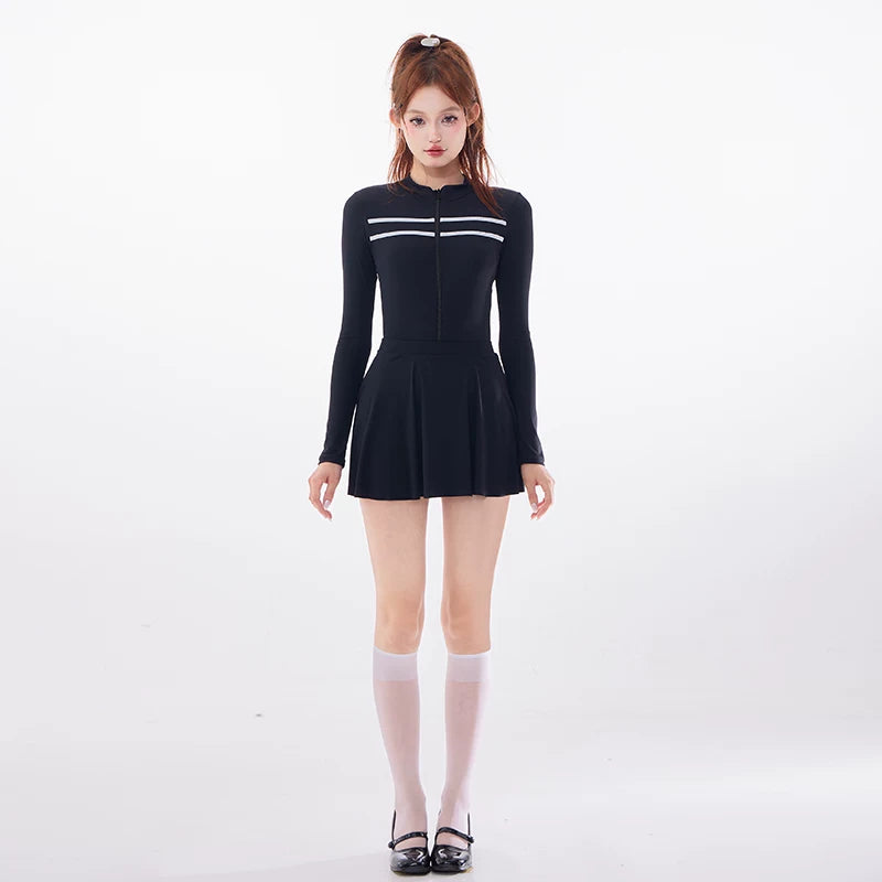 Midnight Varsity Zip Skater Swim Dress
