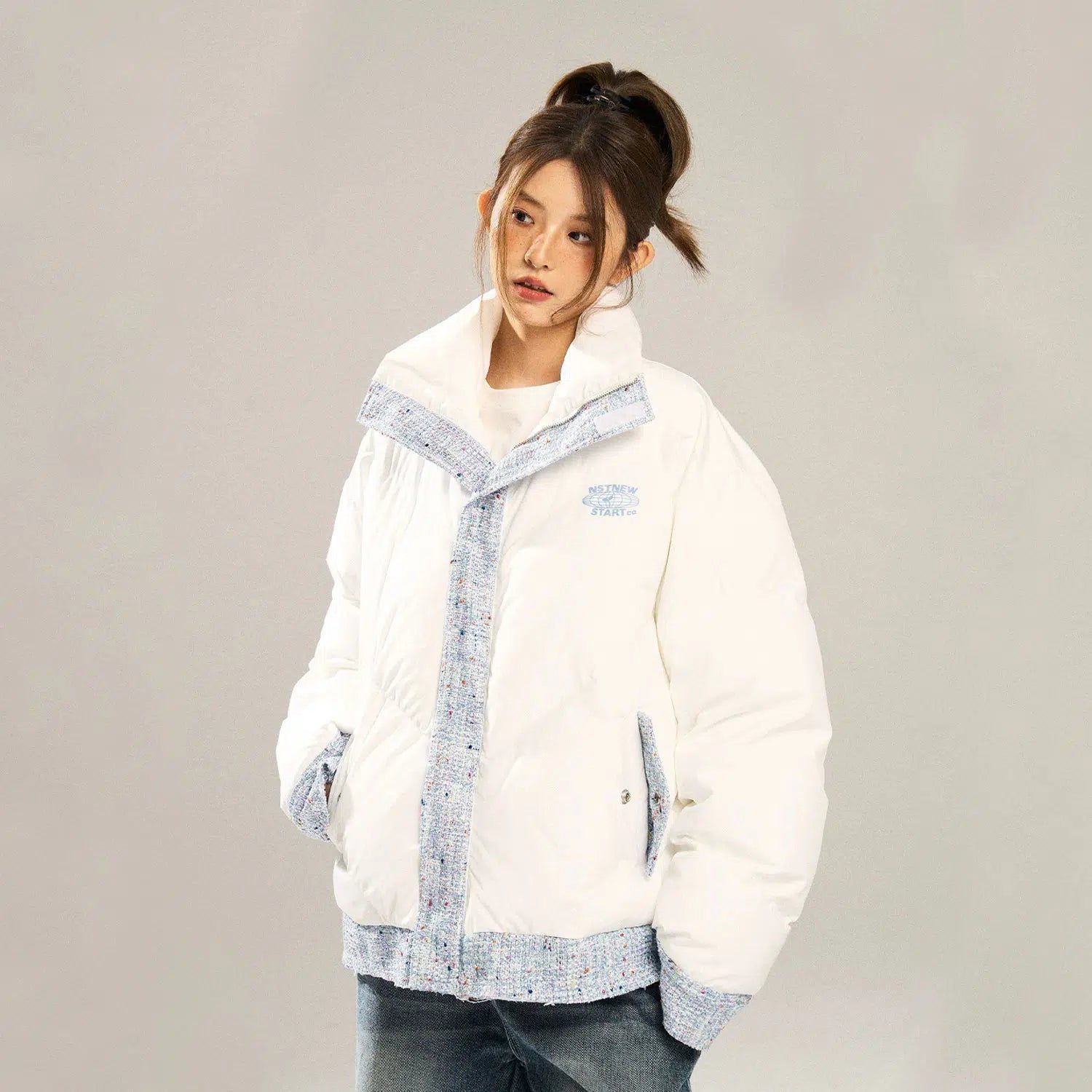 Puffer Jacket with Patterned Outline Block - chiclara