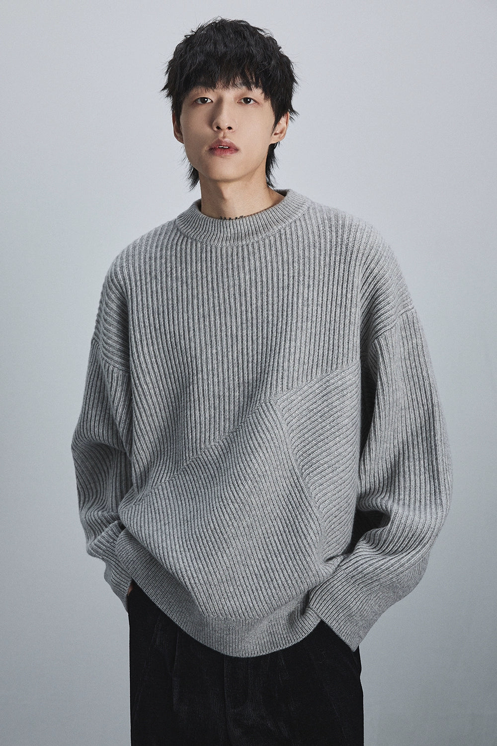 Triangle Panel Round Neck Wide Collar Sweater