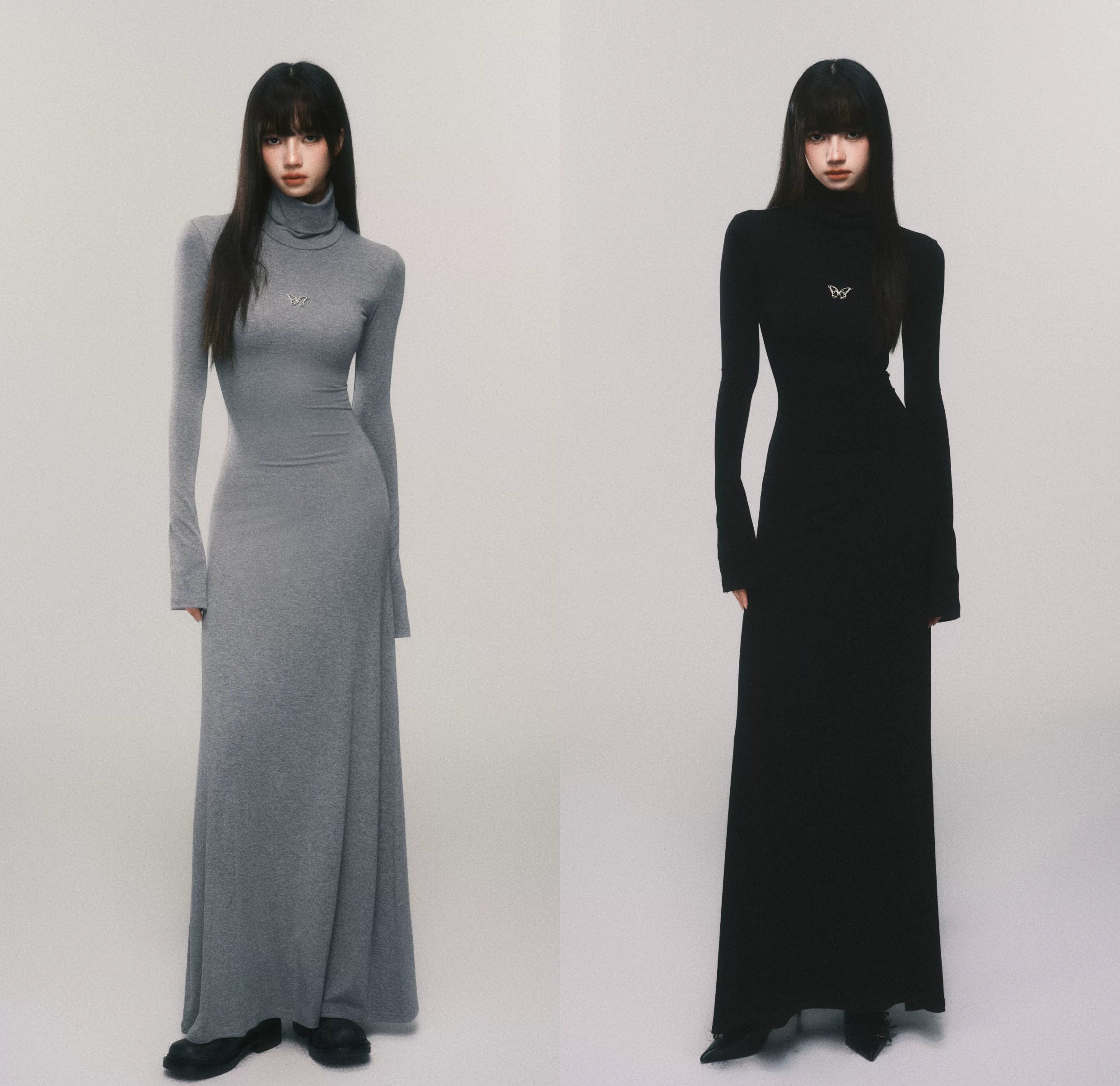 Seraphic Silhouette Butterfly Turtleneck Maxi Dress