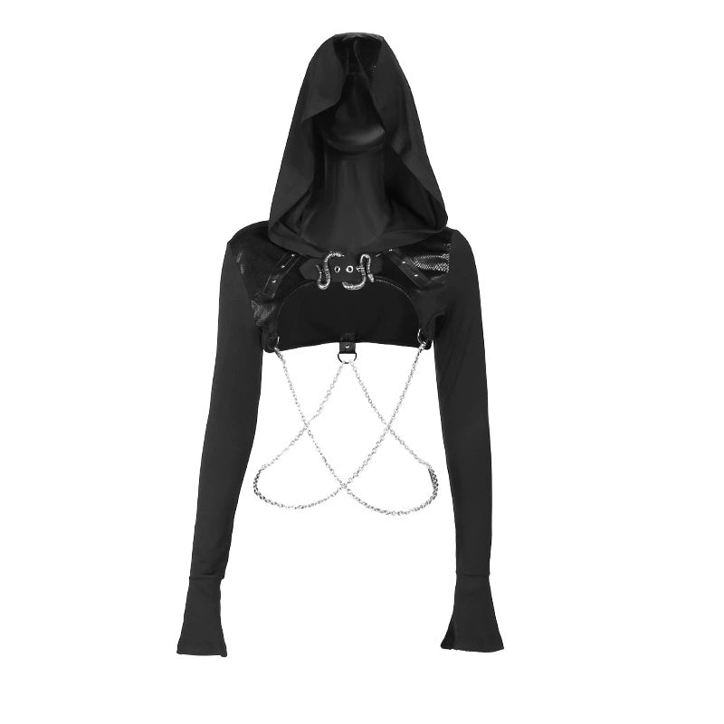 Wannathis Gothic Hooded Crop Top - Black Long Sleeve Chain Harness Shrug