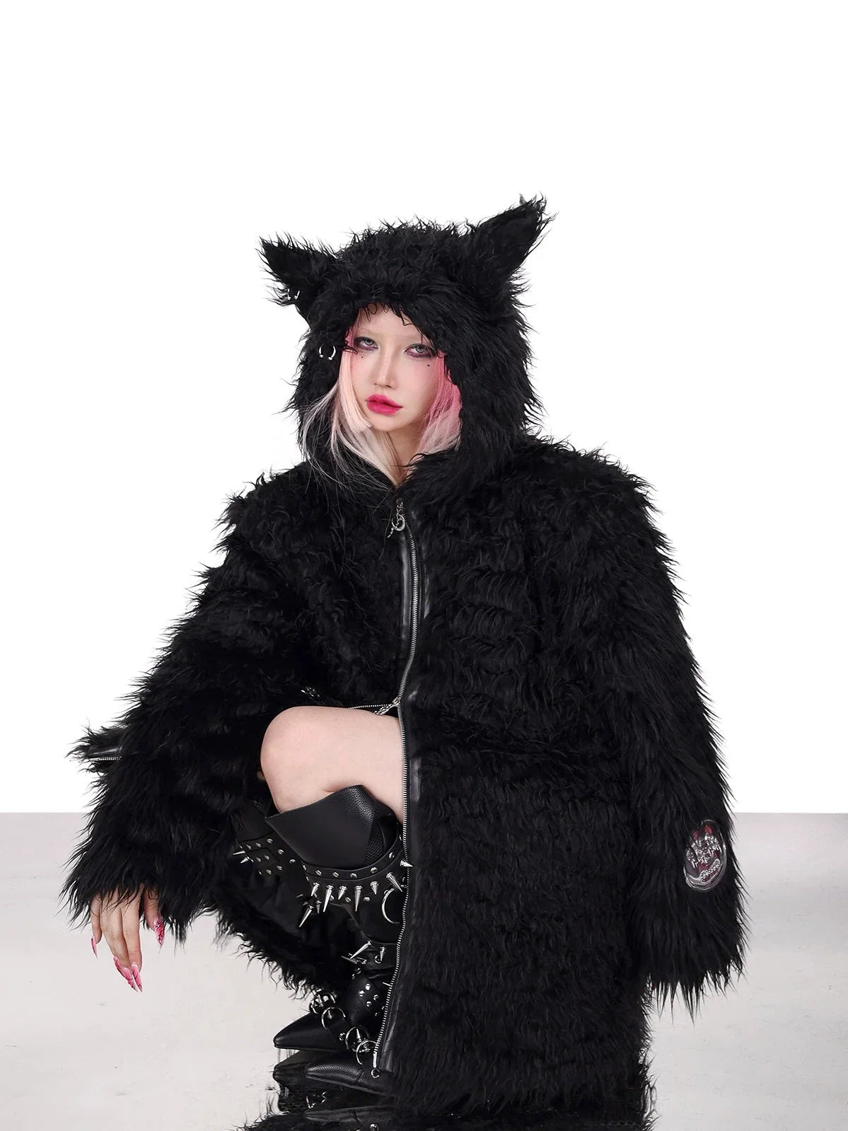 PINKSPINK Furry Cat-Ear Hooded Jacket - Black