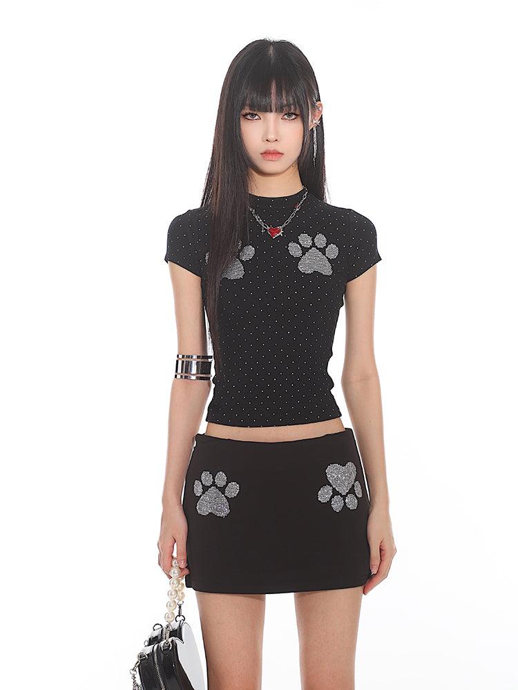 Cat Paw Print Fitted Short Sleeve Tee - chiclara