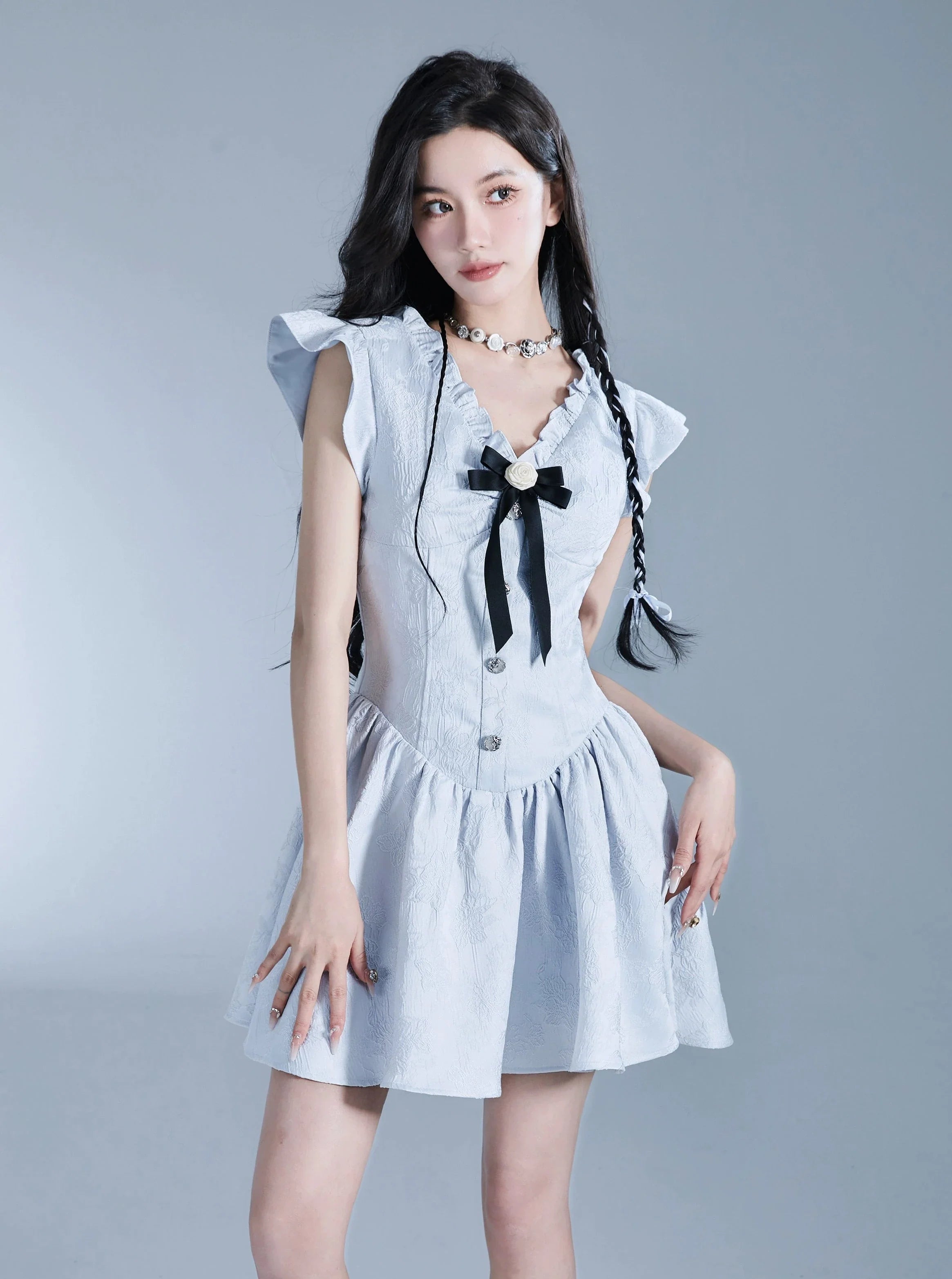 Sweet Lolita Flutter Sleeve Mini Dress with Bow Detail