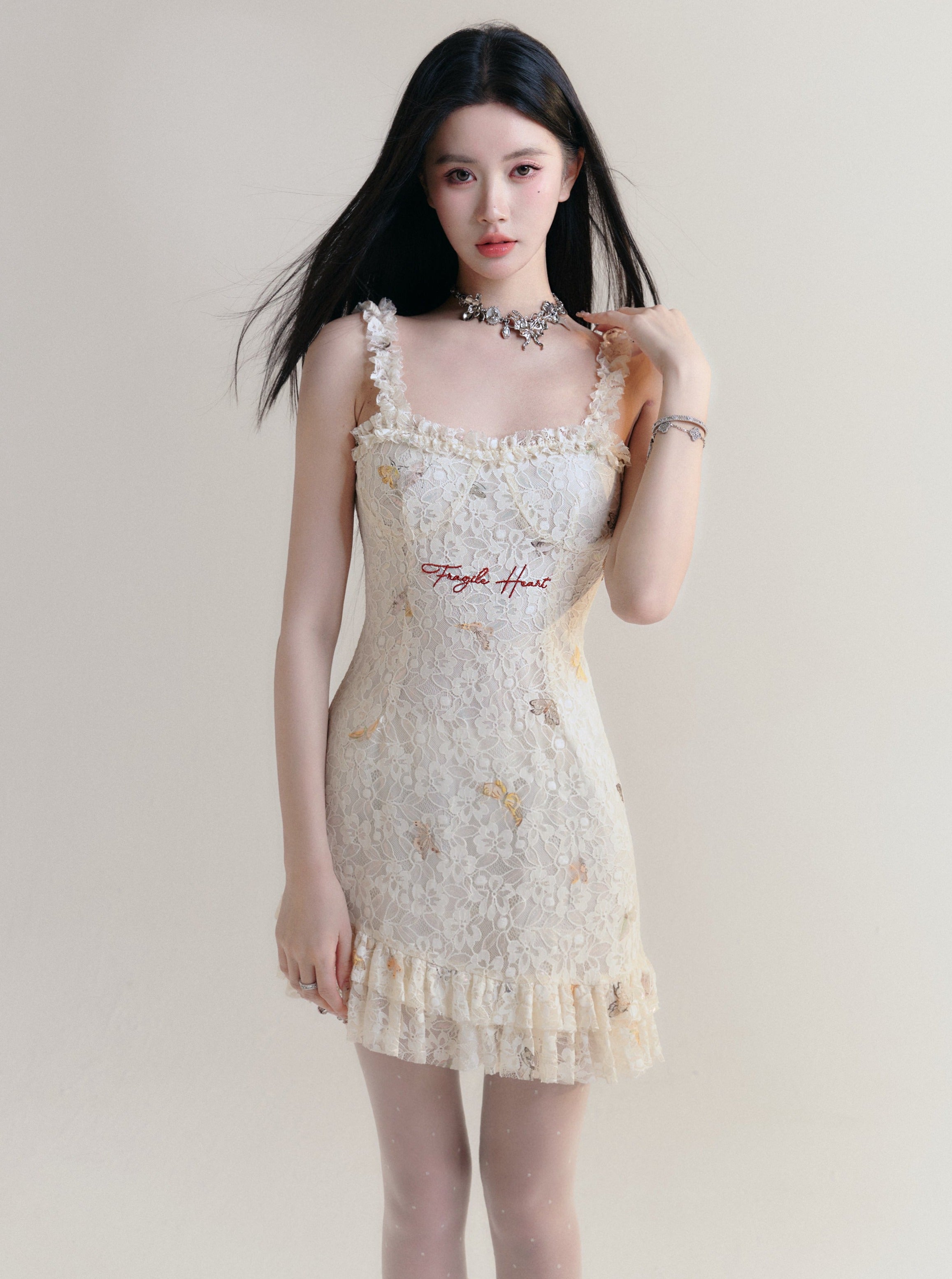 Vintage-Inspired Floral Lace Mini Dress with Ruffle Trim