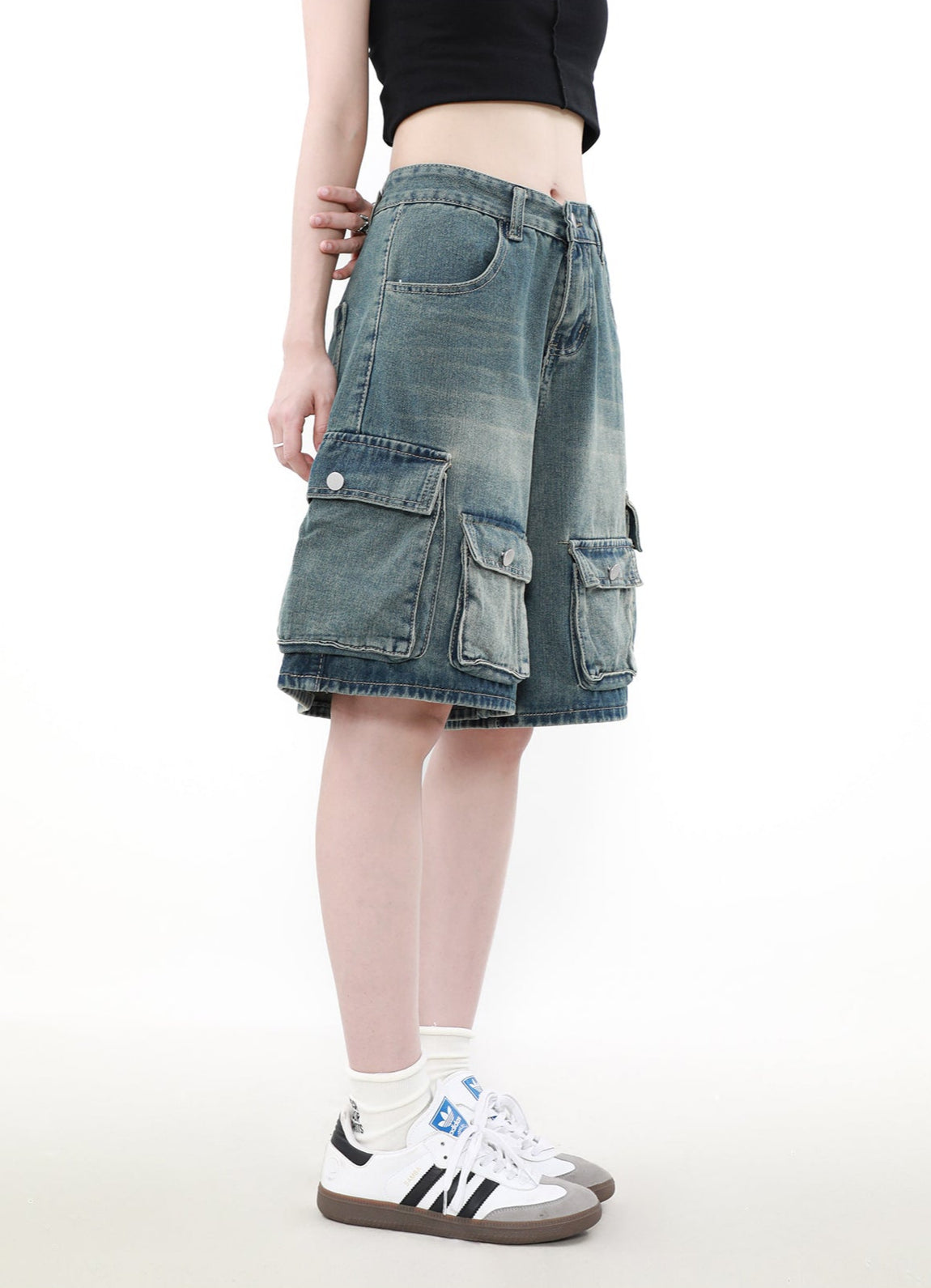 Denim Cargo Shorts with Multiple Utility Pockets