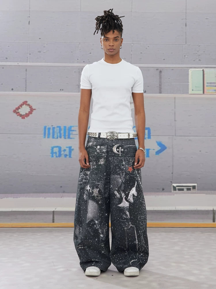 Gothic Collage Print Wide Leg Jeans