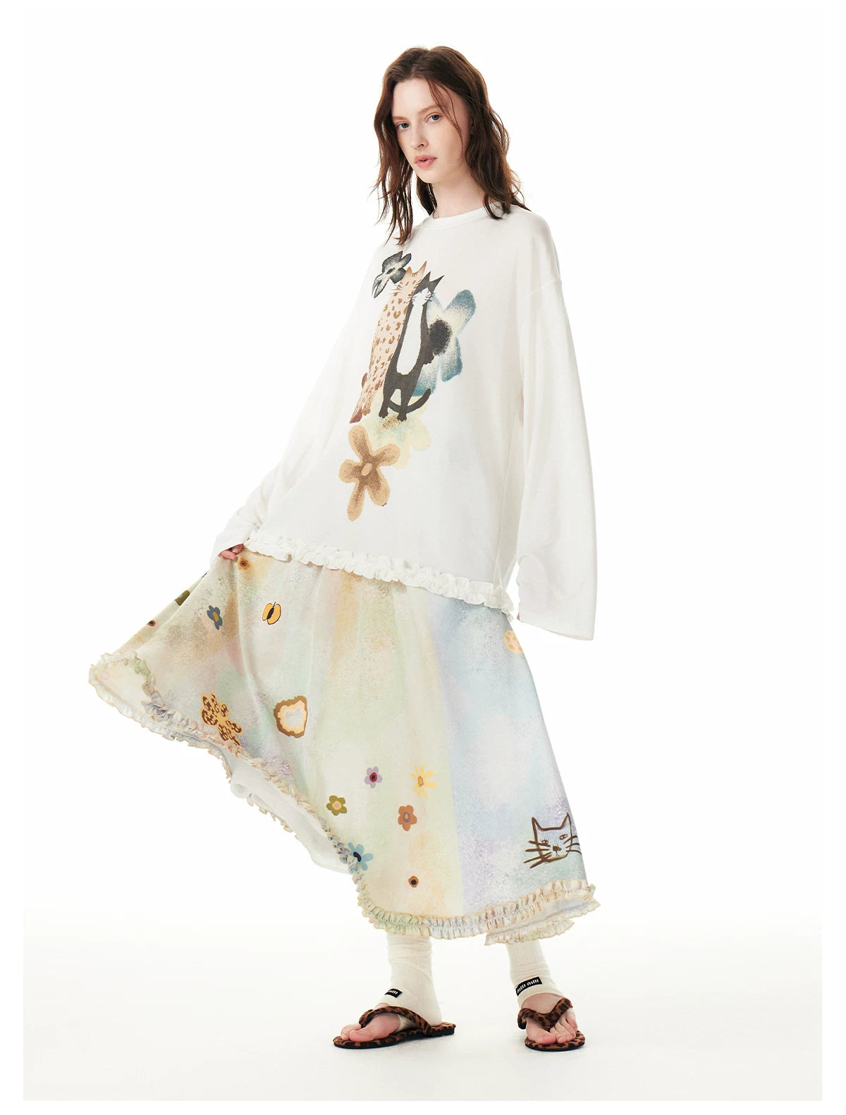 Pastel Meadow Kitty Garden Maxi Skirt