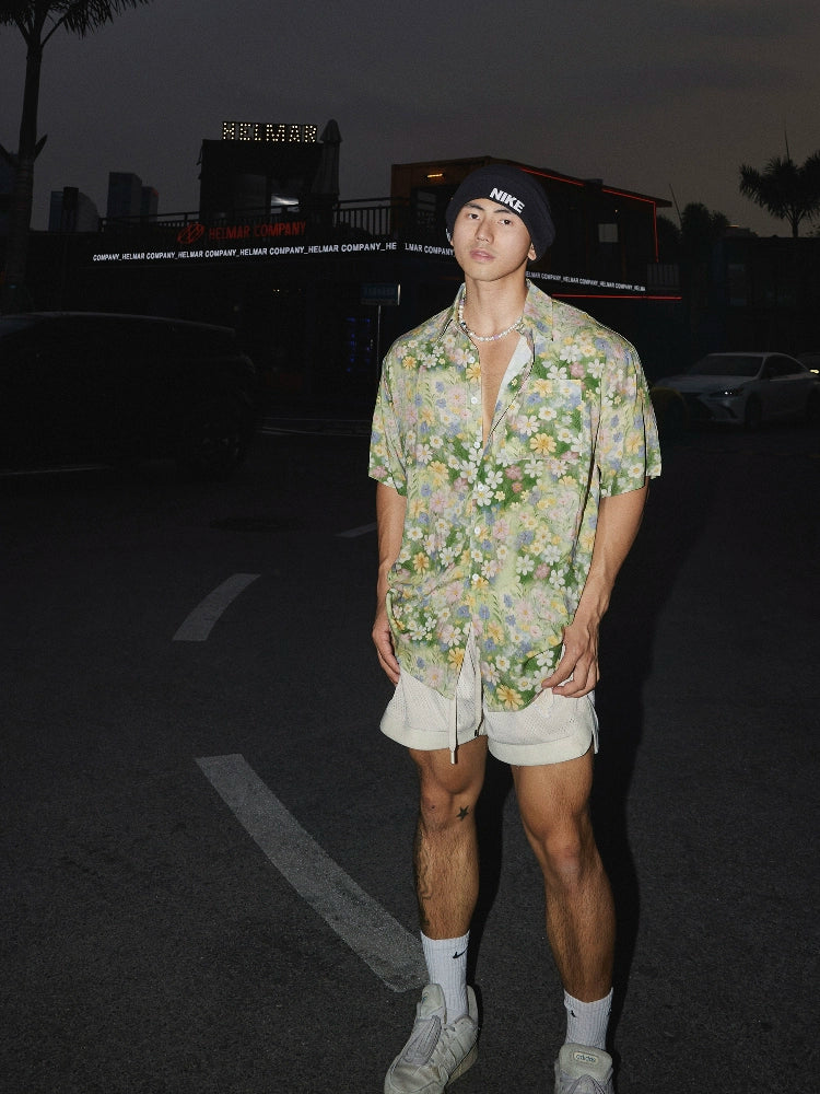 Green Floral Short Sleeve Button-Up Shirt