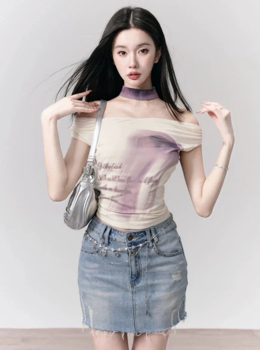 Ethereal Whisper: Off-Shoulder Choker Crop Top with Lavender Ombre Print