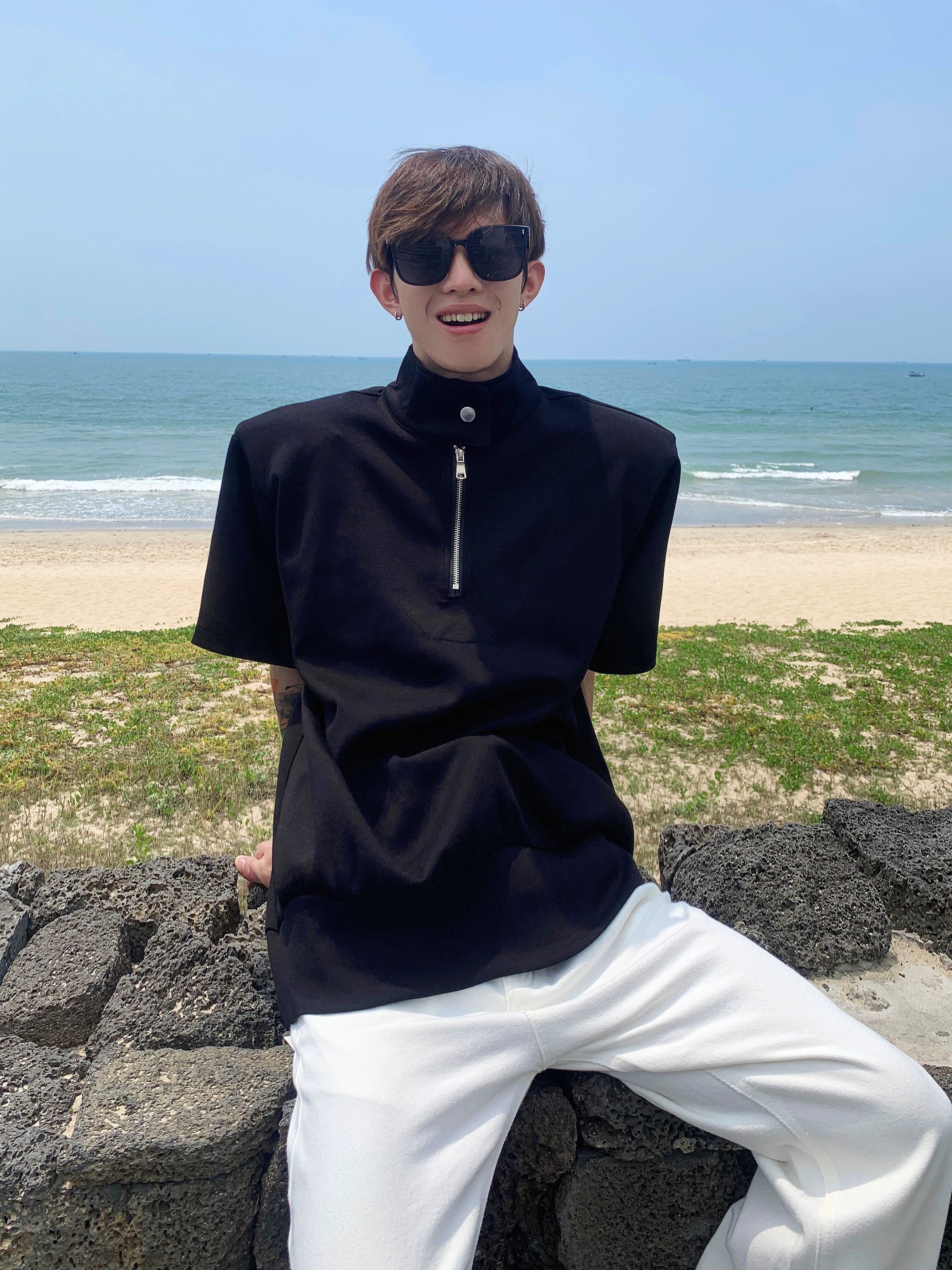 Gray Half-Zip Stand Collar Shirt