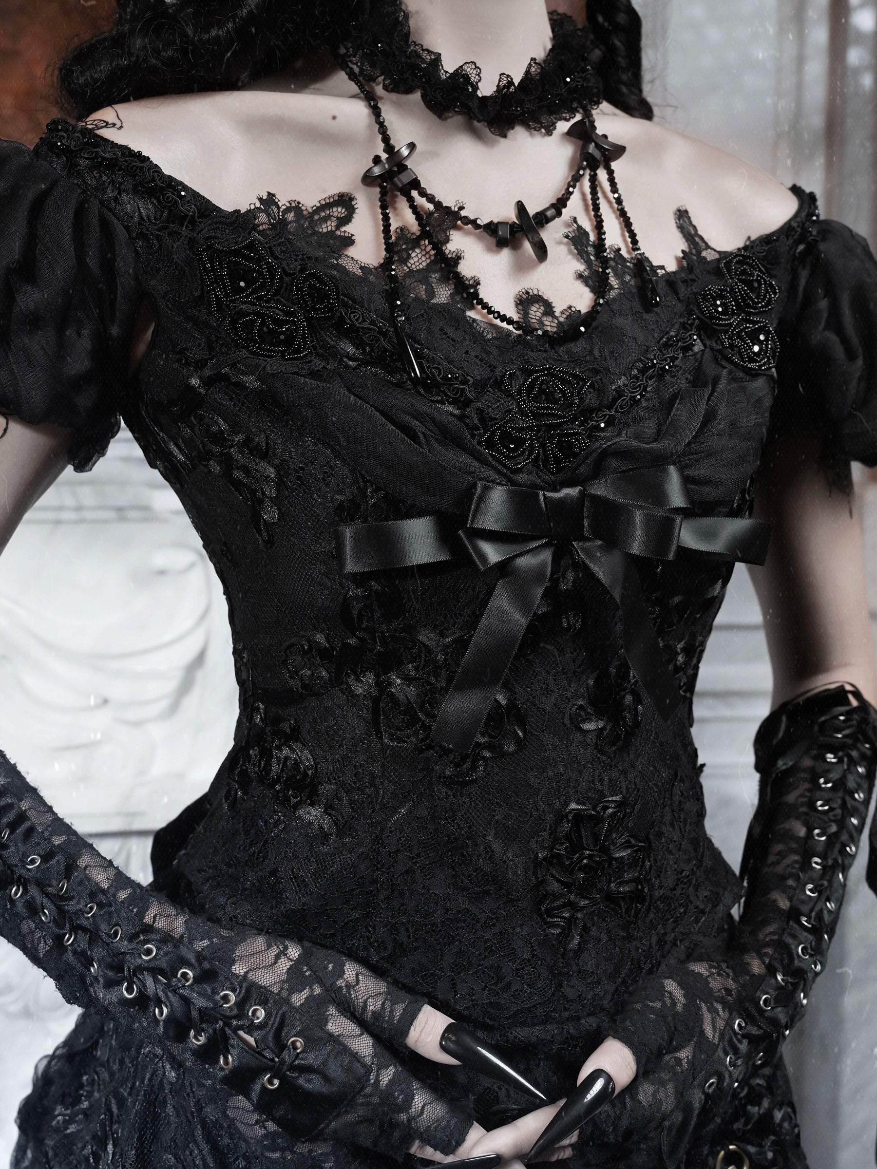 Gothic Black Lace Puff Sleeve Corset Top