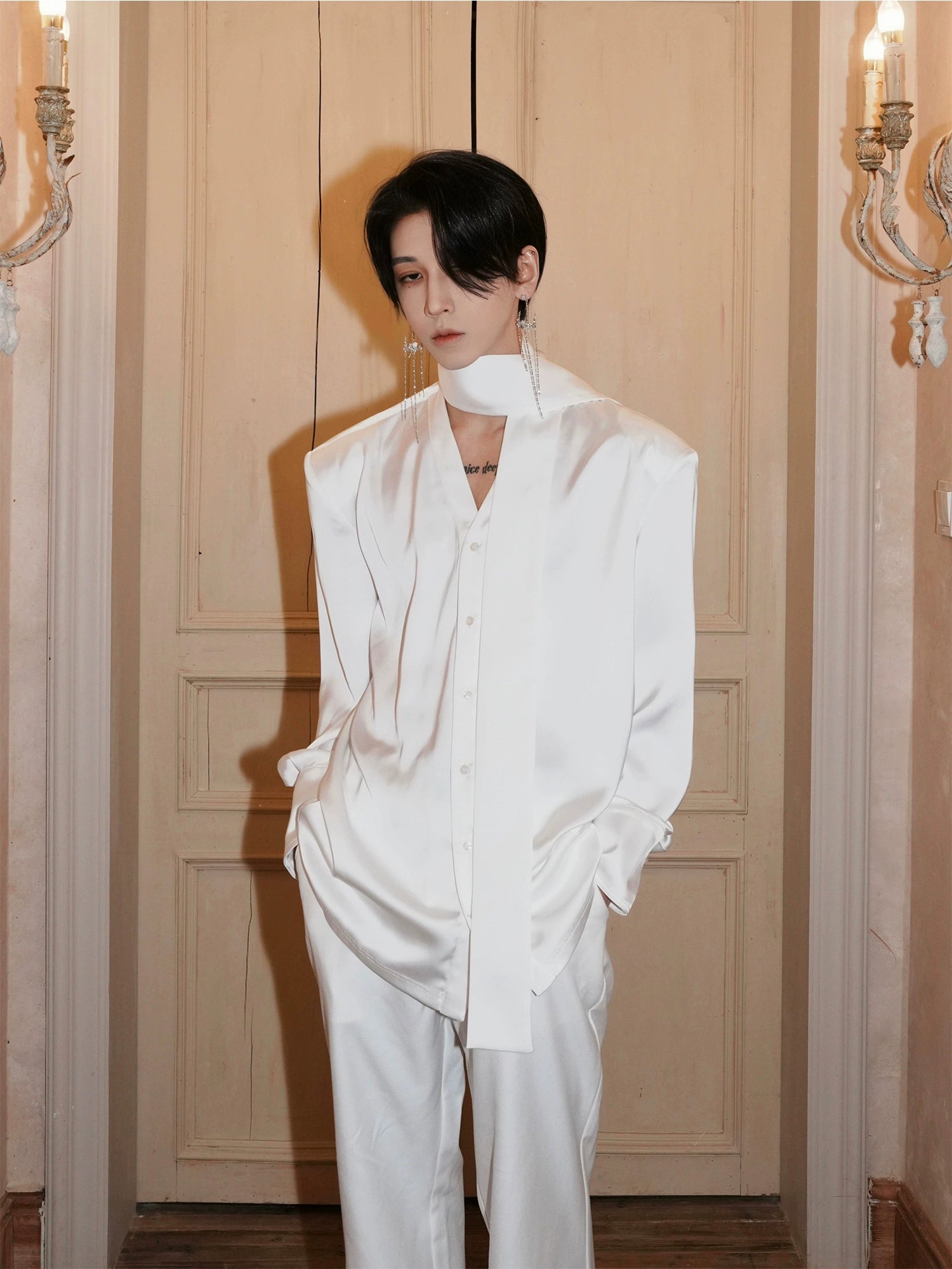 White Satin Scarf Collar Shirt