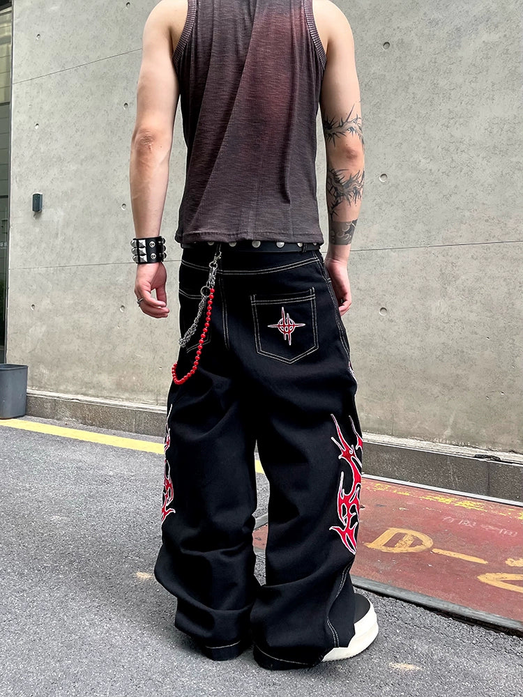 Red Flame Graffiti Wide-Leg Jeans
