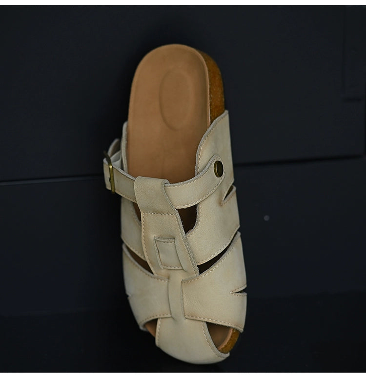 Beige Leather Buckle Strap Sandals