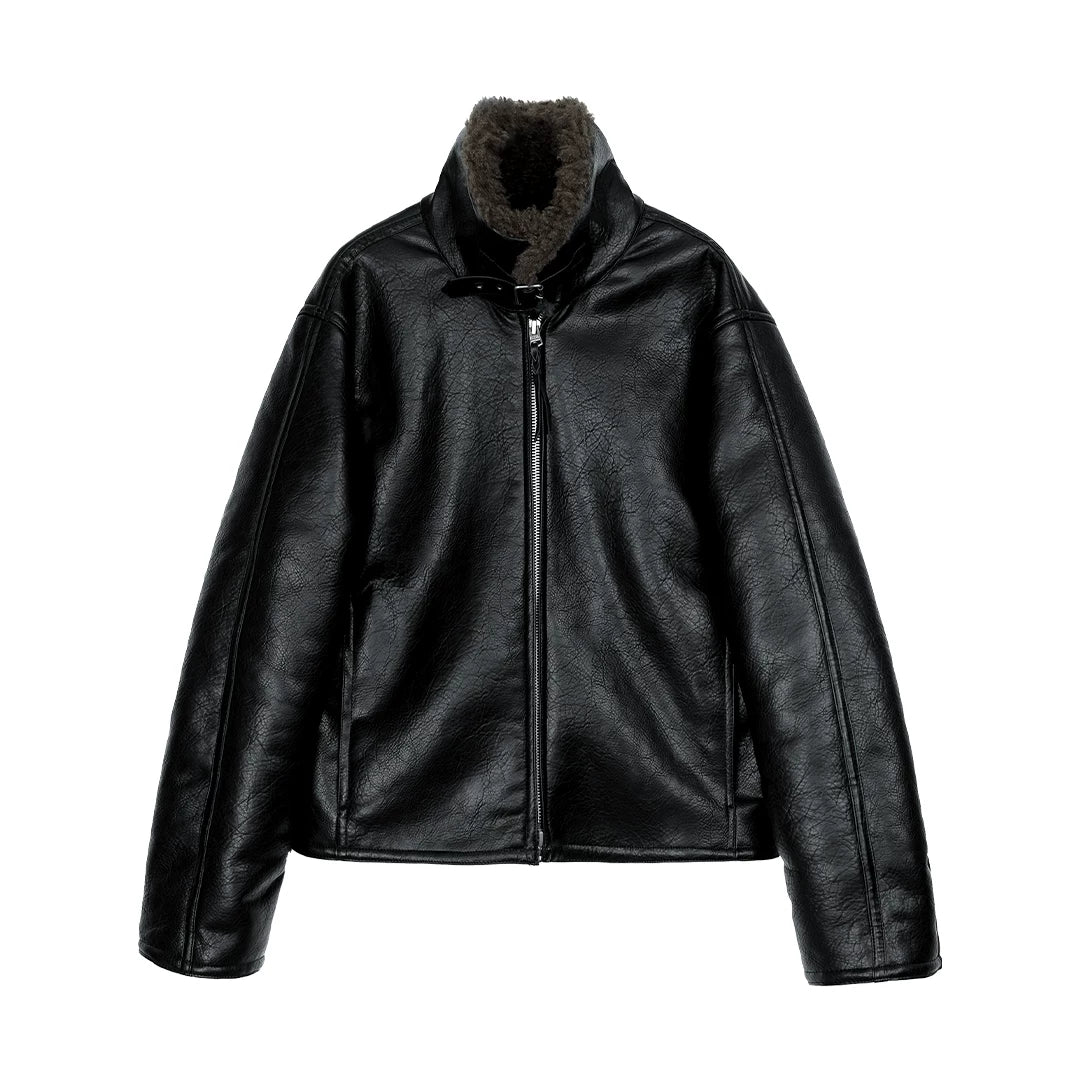 Oversized Faux Leather Jacket with Shearling Collar