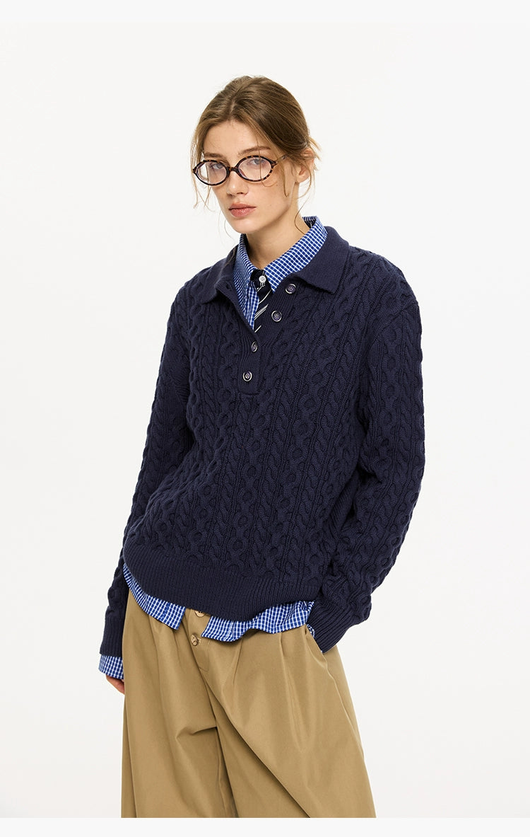 Cable Knit Polo Collar Sweater
