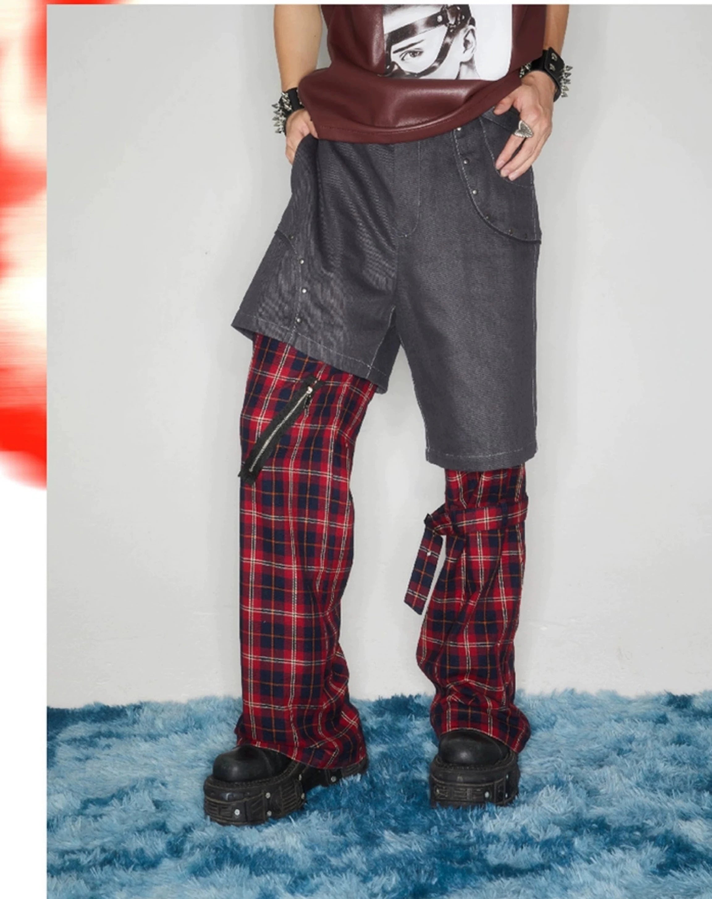 Hybrid Plaid-Panel Cargo Pants