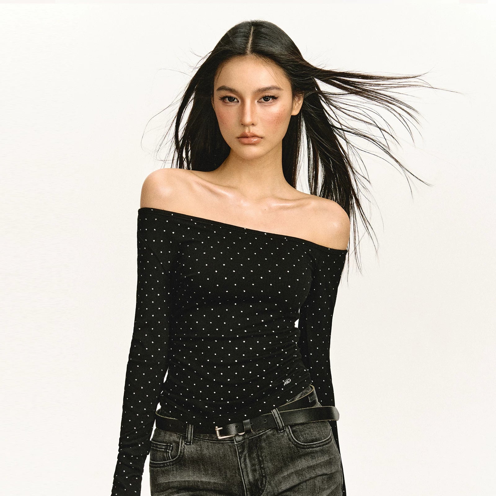 Off-Shoulder Ruched Long-Sleeve Top