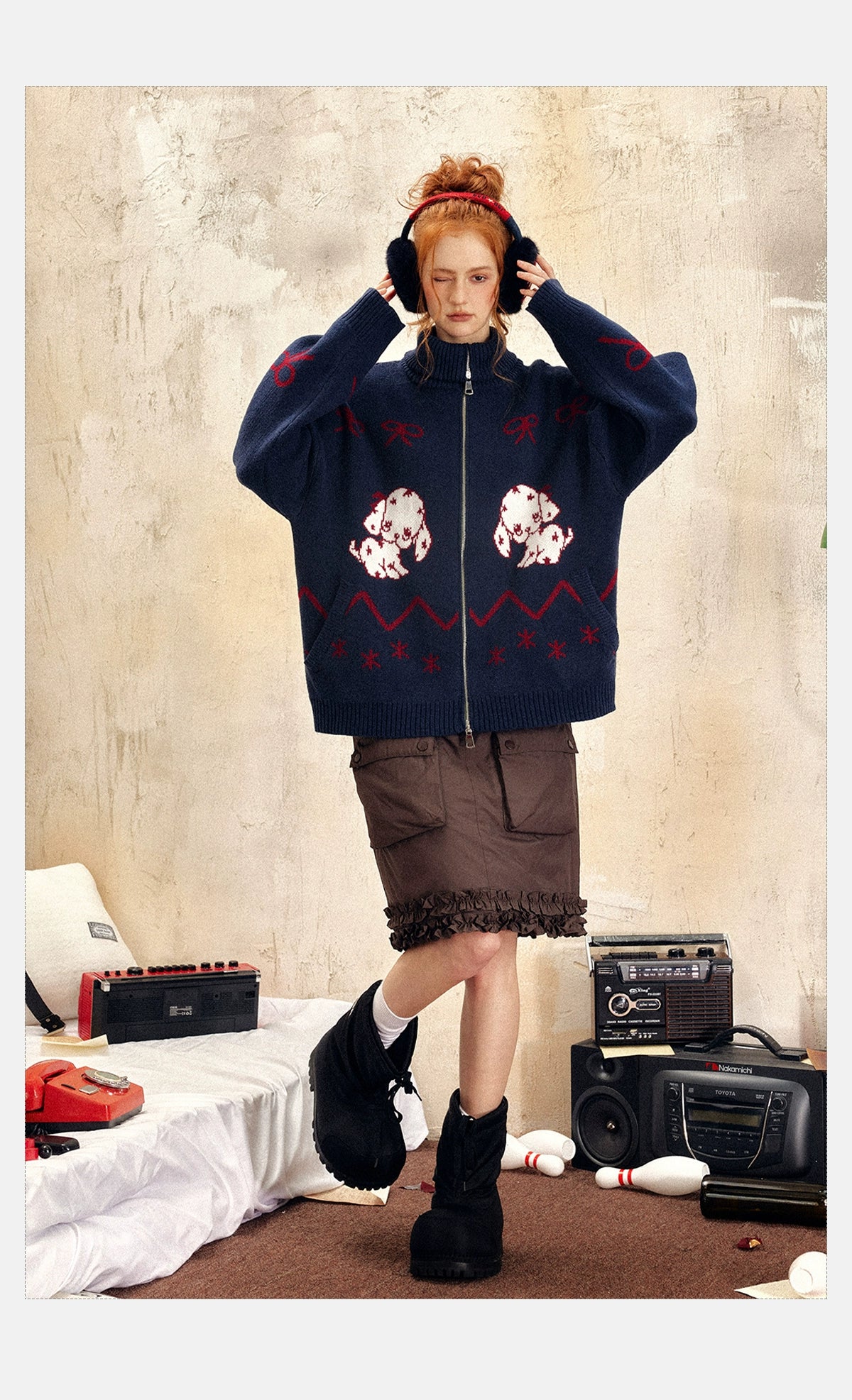 Oversized Zip-Up Sweater with Puppy Print