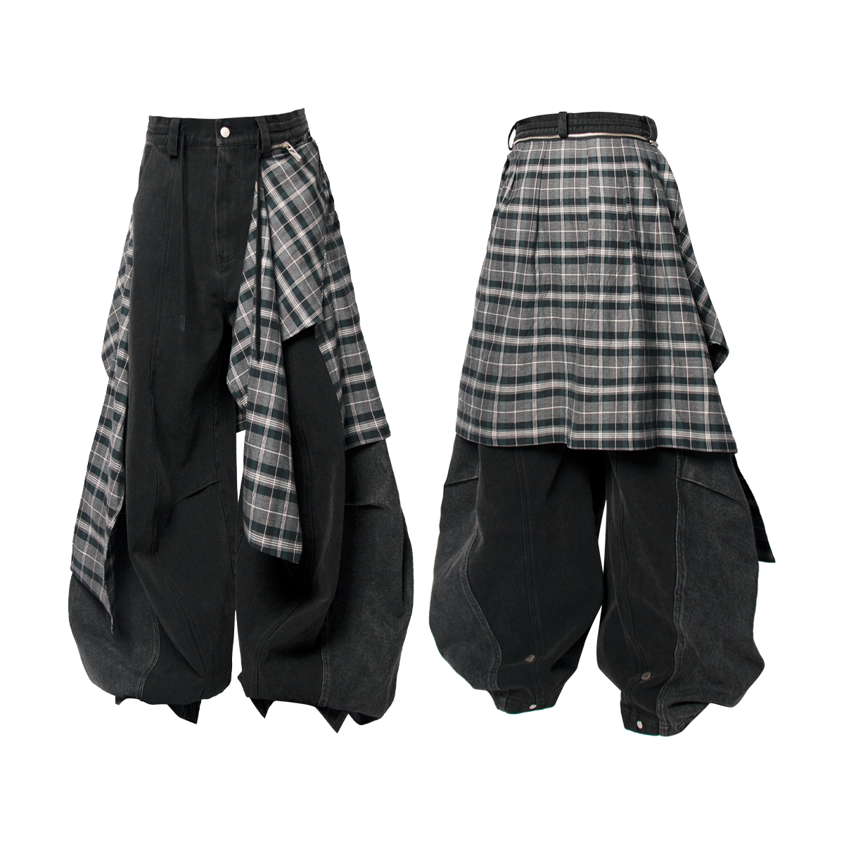 Layered Plaid Balloon Denim Pants