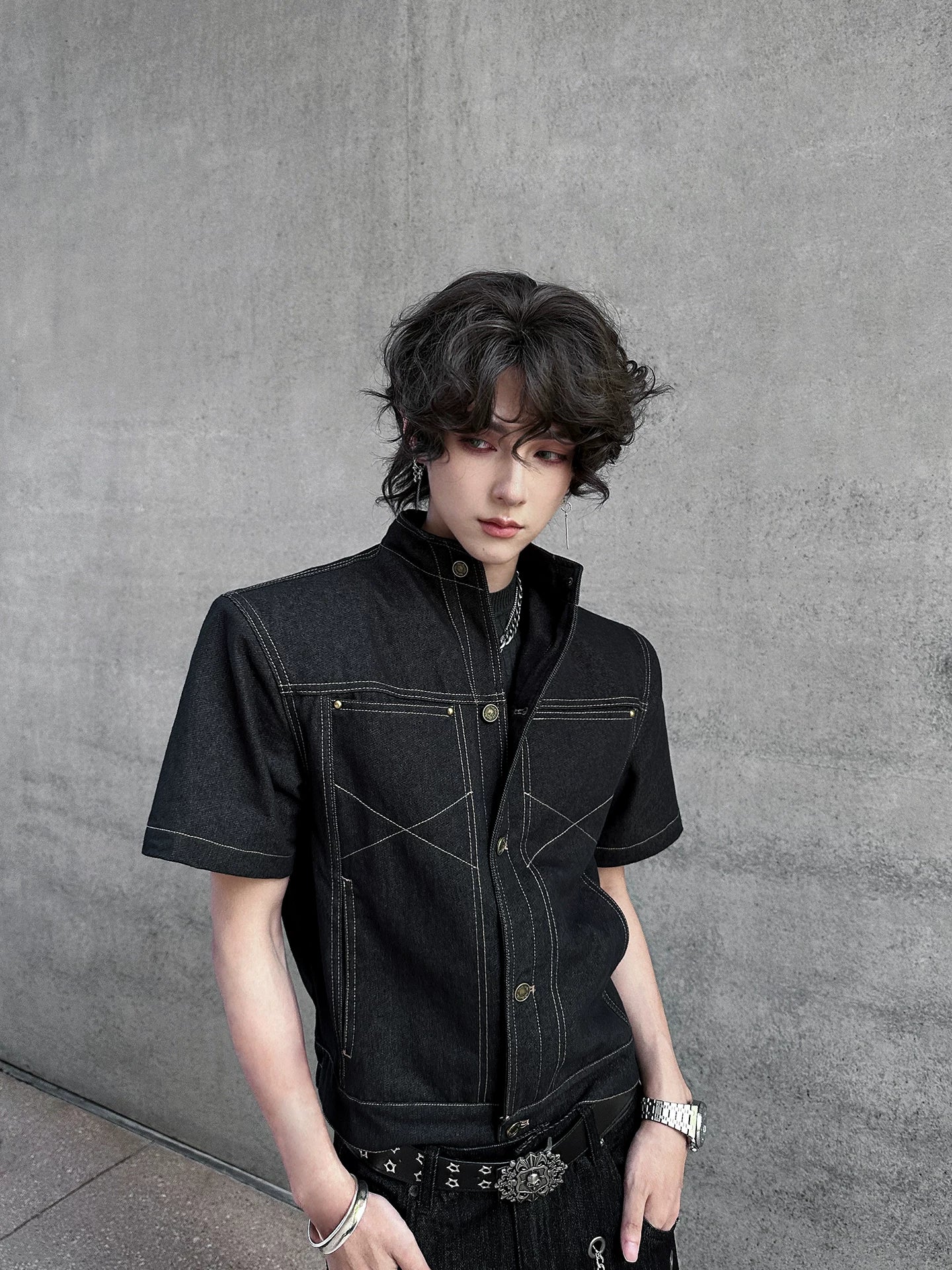 Iron Grid High-Collar Utility Denim Jacket