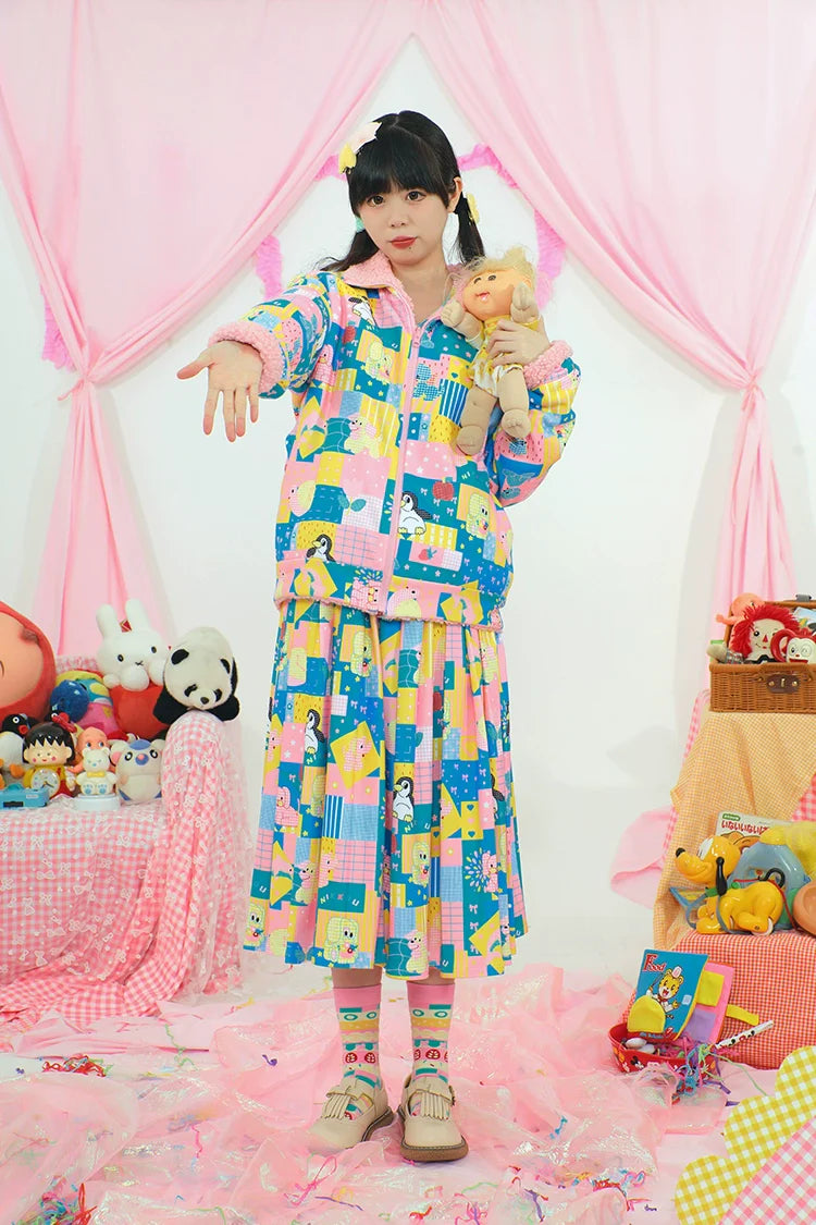 Cartoon Patchwork Sherpa Lined Zip Jacket