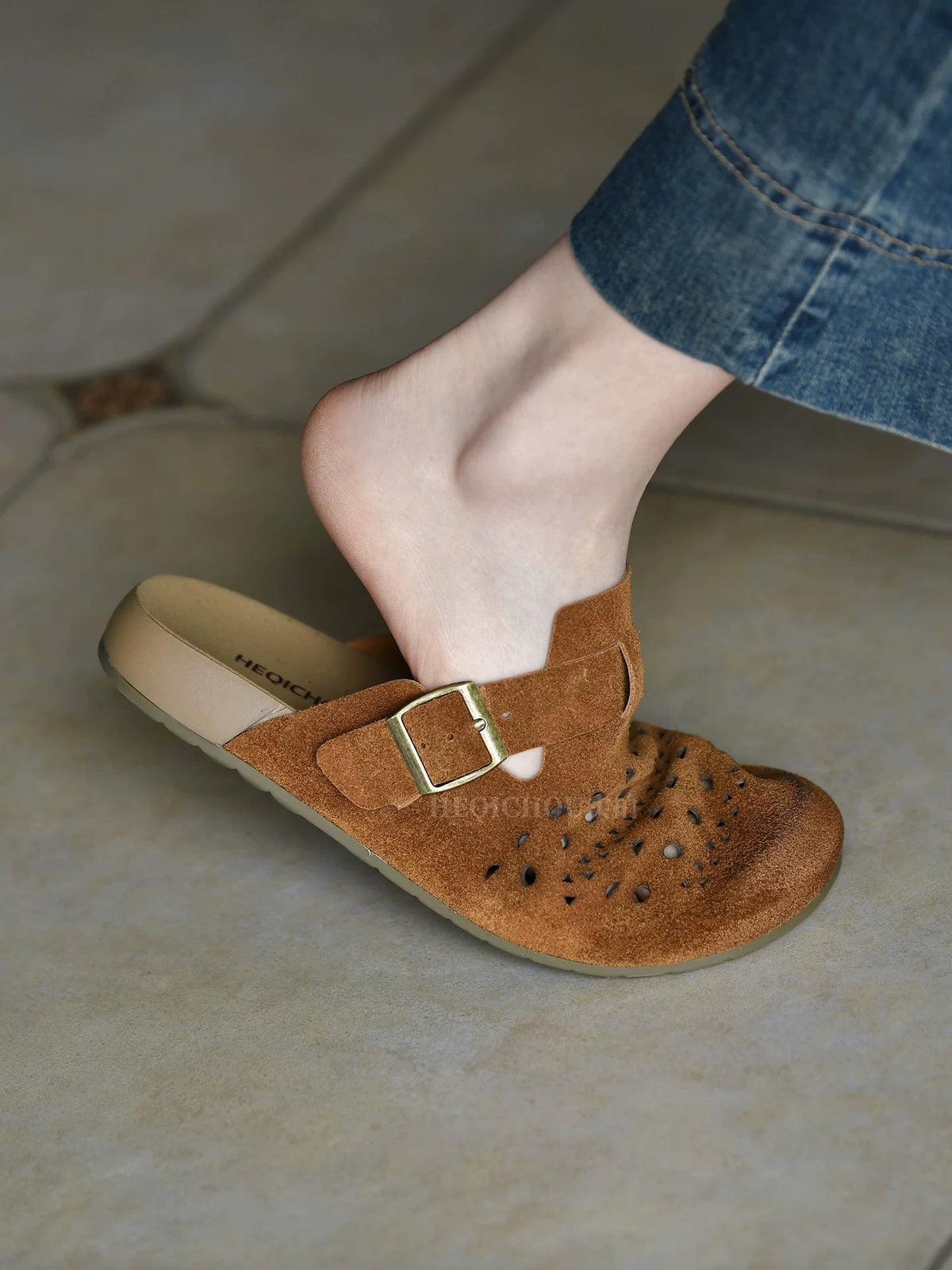 Caspian Buckle Cutout Suede Clogs