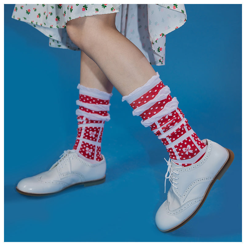 Polka Dot Bow Grid Knee Socks