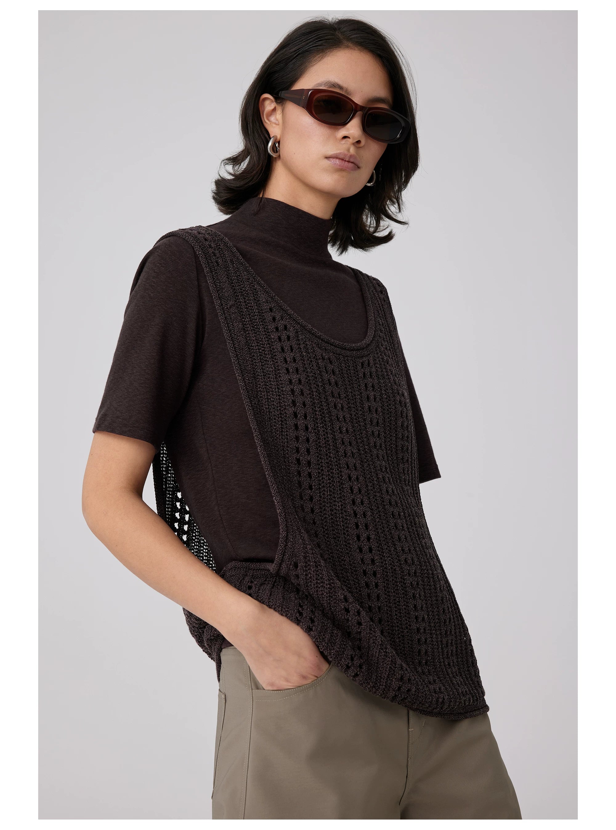 Open-Knit Button-Detail Vest