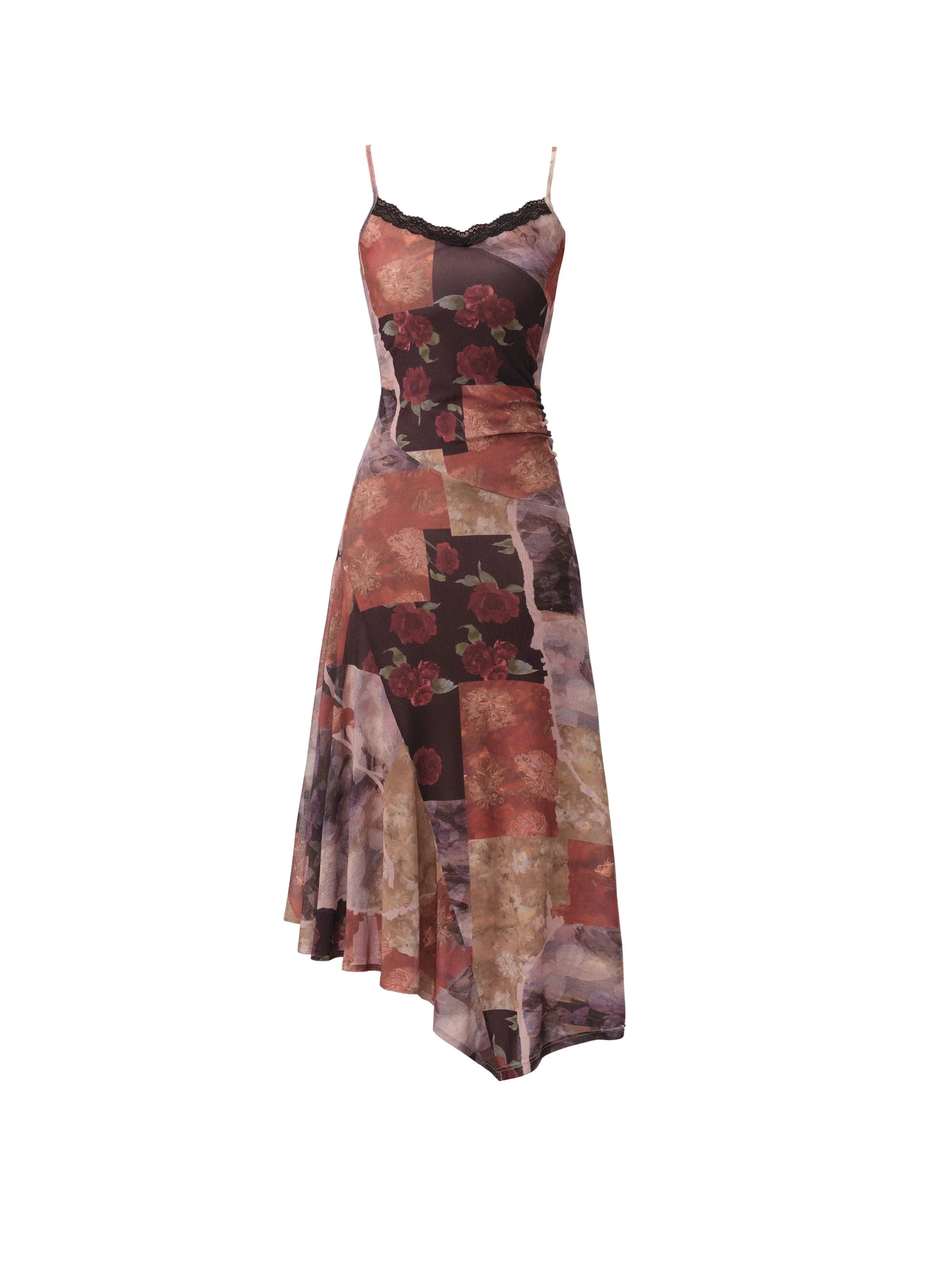 Romantic Patchwork Midi Dress: Lace-Trimmed Asymmetric Hem in Autumn Floral Print