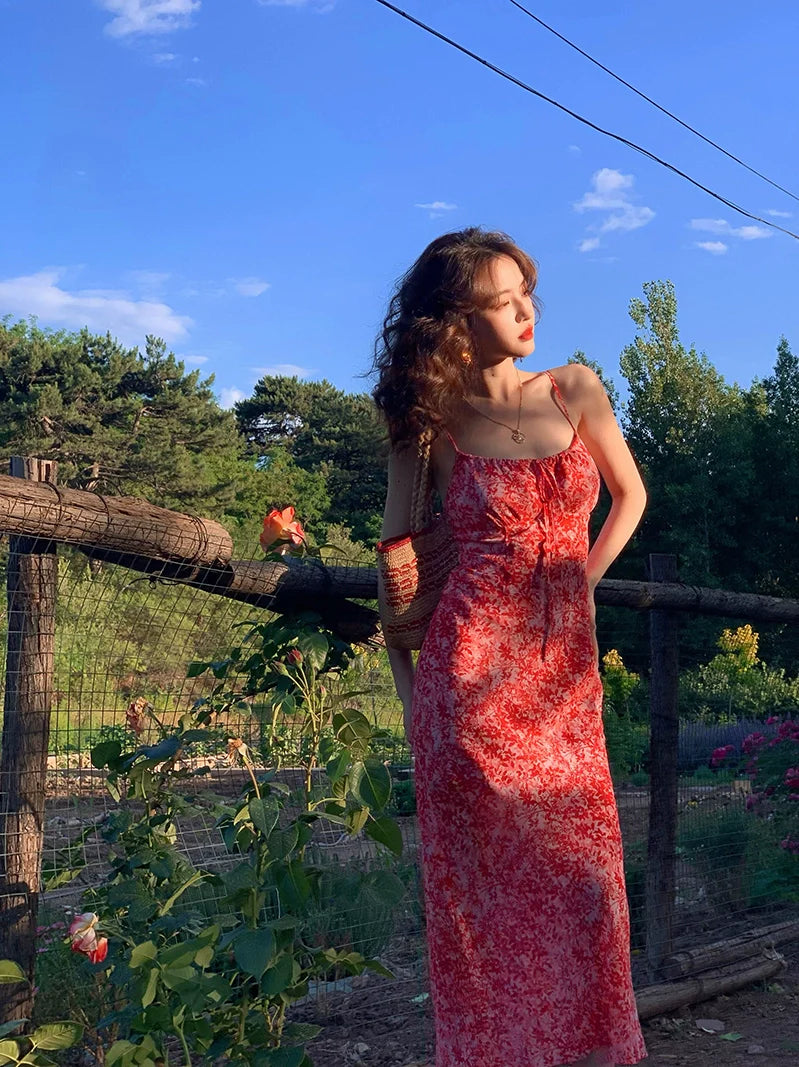 Lace Up Floral Spaghetti Strap Maxi Dress