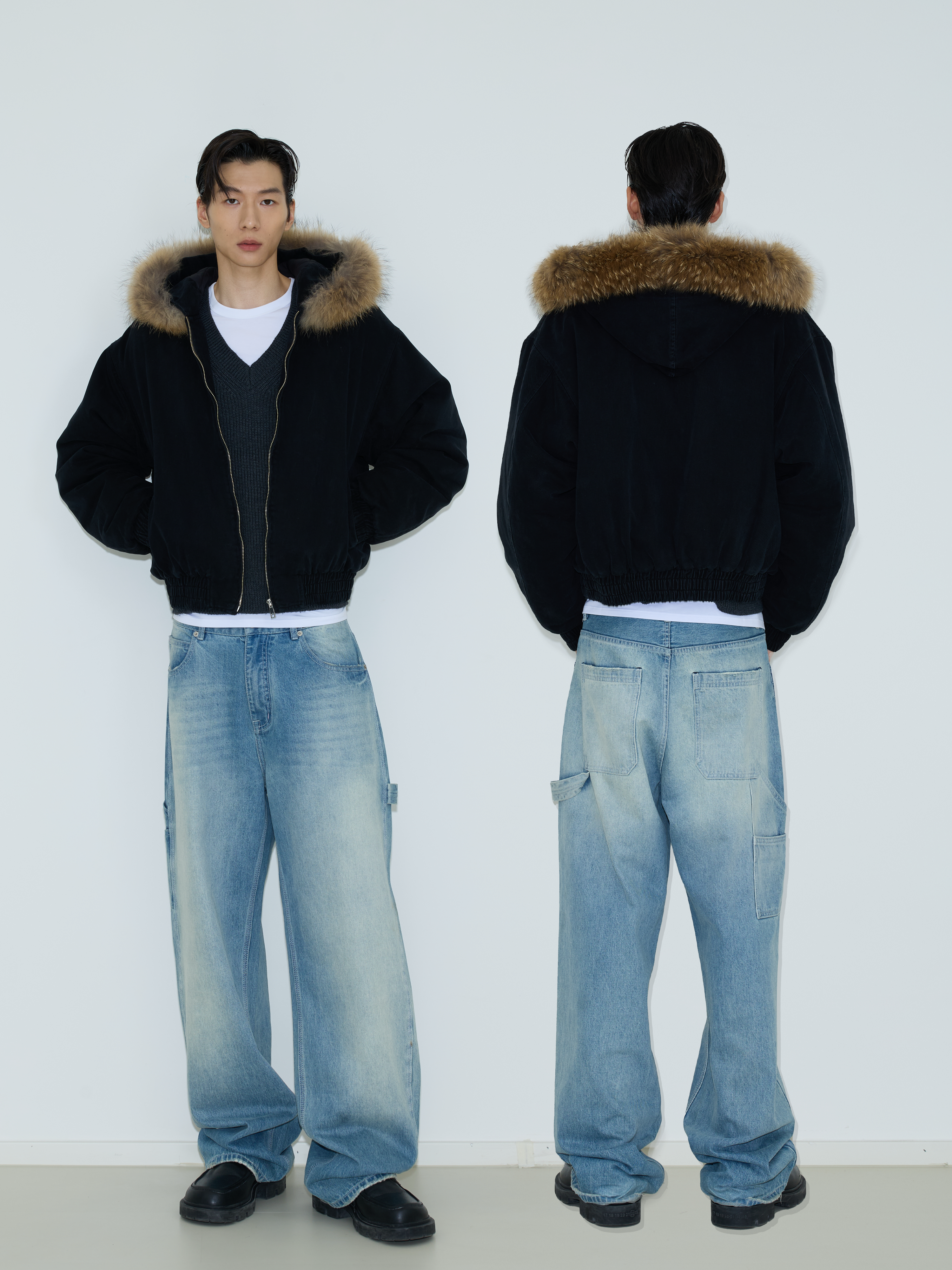 Midnight Tundra Faux‑Fur Hood Bomber