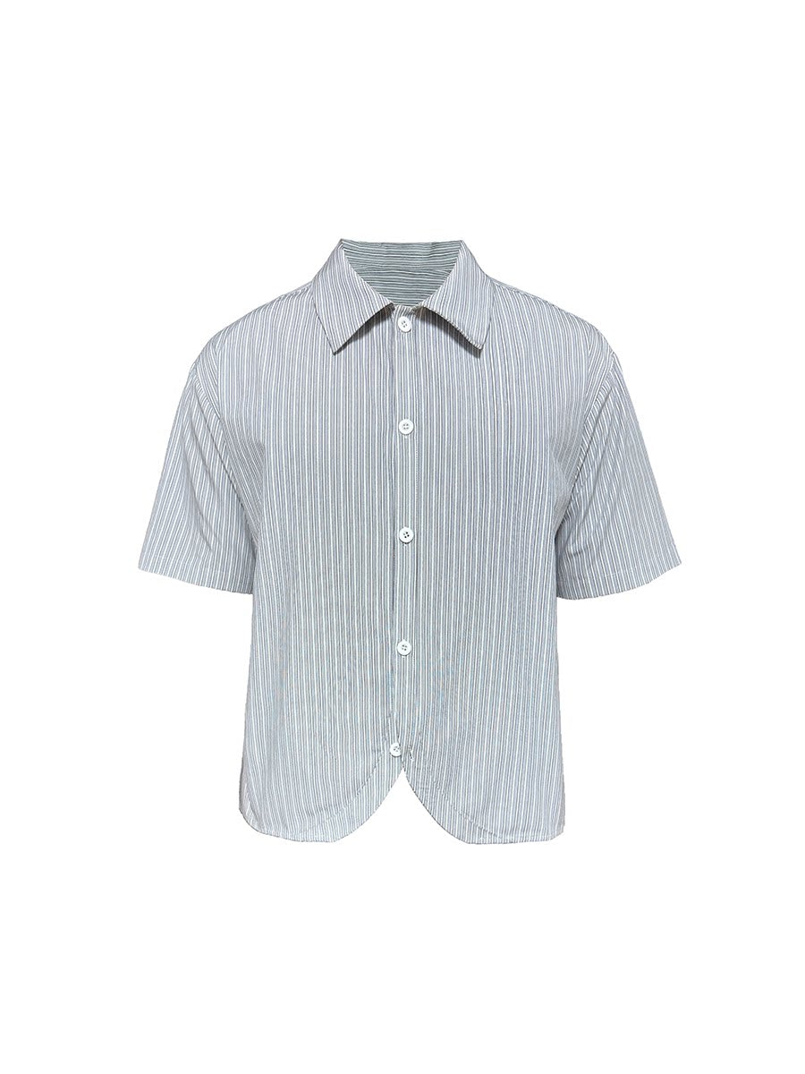 Pinstripe Short-Sleeve Curved-Hem Shirt