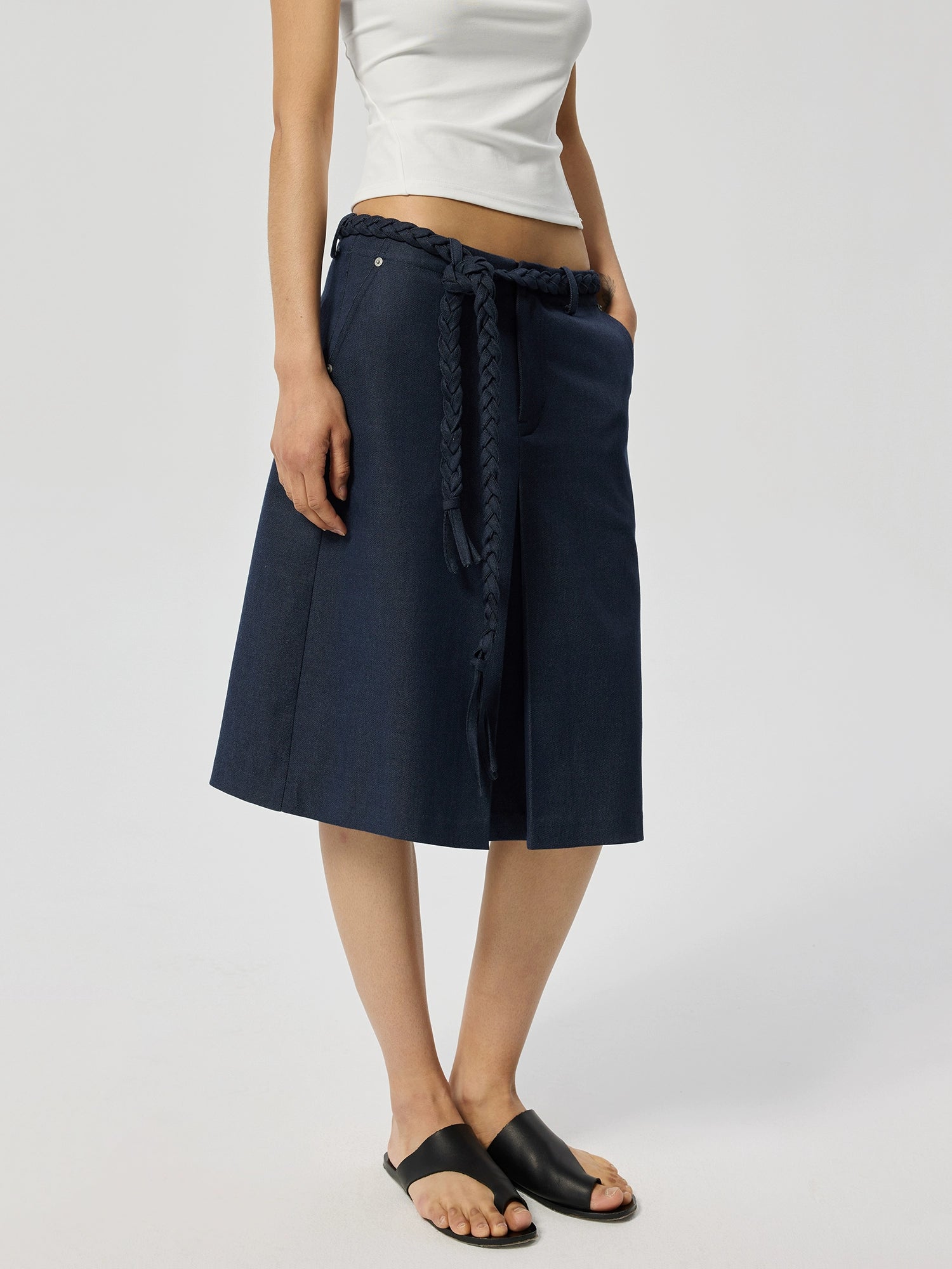 Navy Knee-Length Skirt with Braided Belt