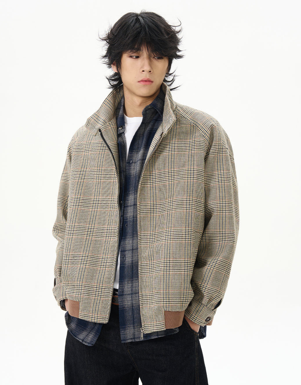 Plaid Bomber Jacket Beige