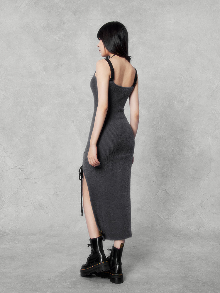 Lace-Up Slit Knit Dress