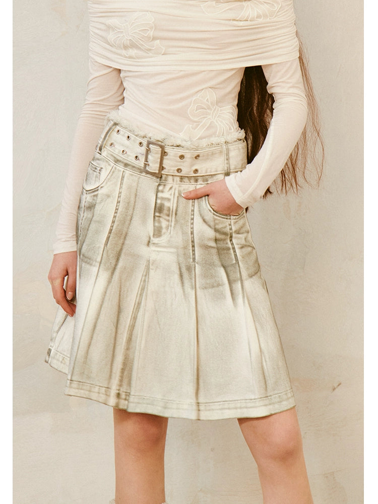 Artisan Pleated Distressed Denim Skirt - chiclara