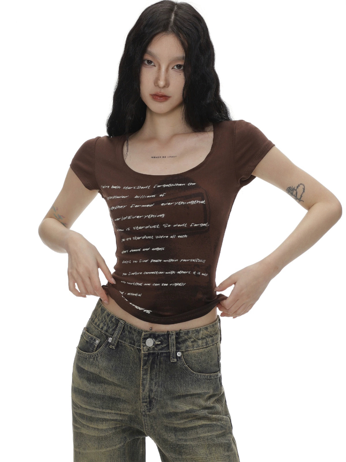 Vintage Text and Shadow Print Short Sleeve T-shirt