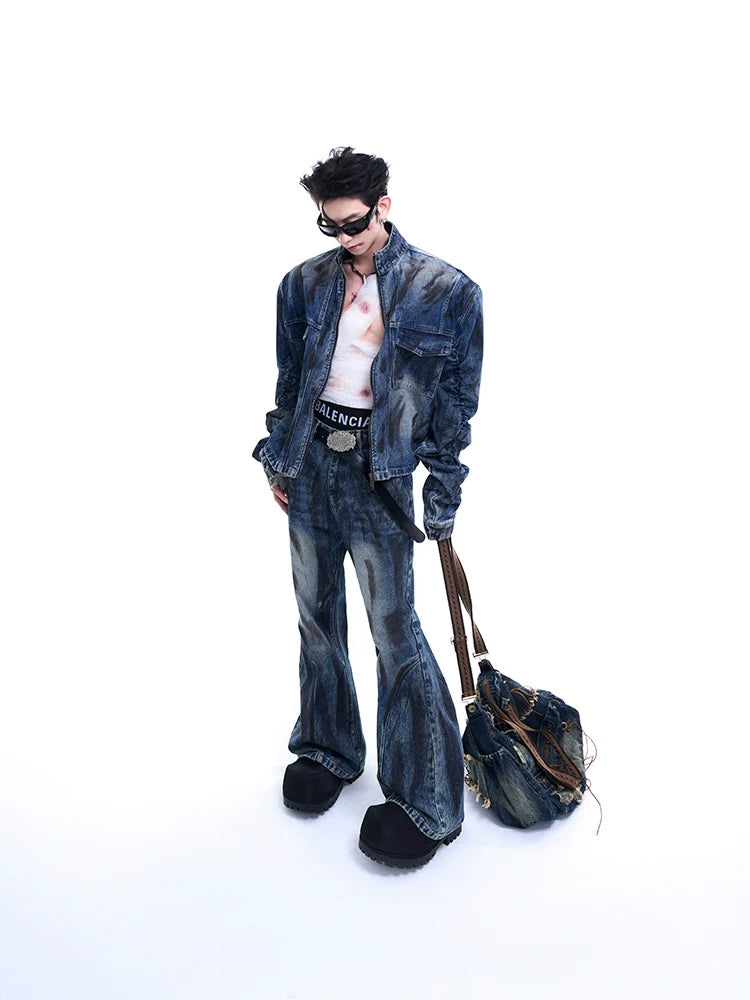 Washed Denim Stand Neck Jacket and Jeans Setup