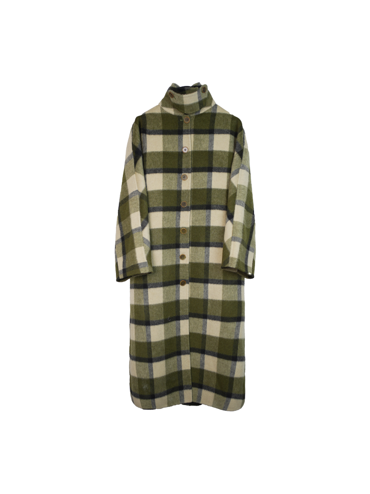 Olive Green Plaid Button-Up Wool Coat