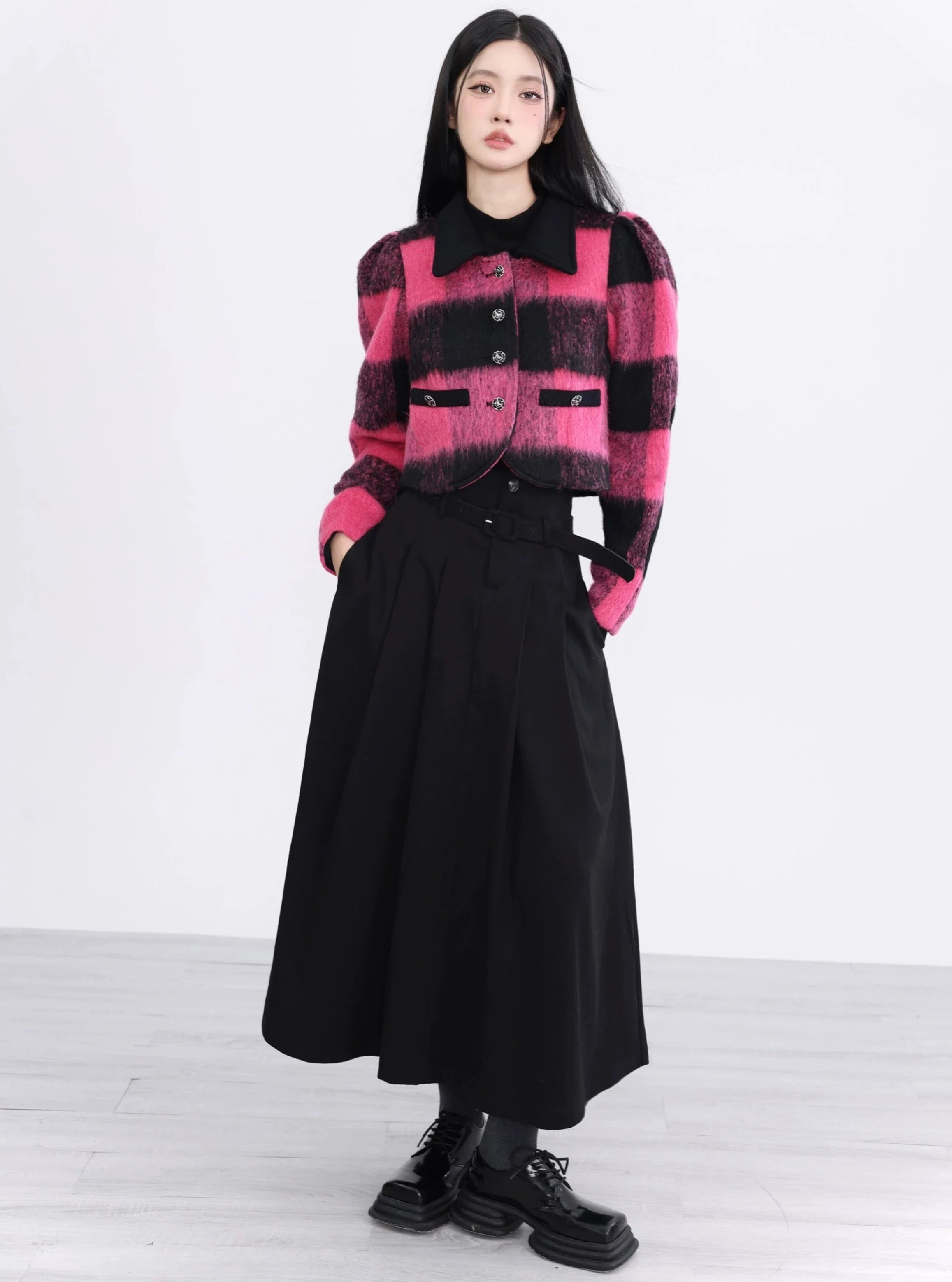 Bold Buffalo Plaid Cropped Jacket: Pink and Black Fuzzy Wool Blend with Contrast Collar