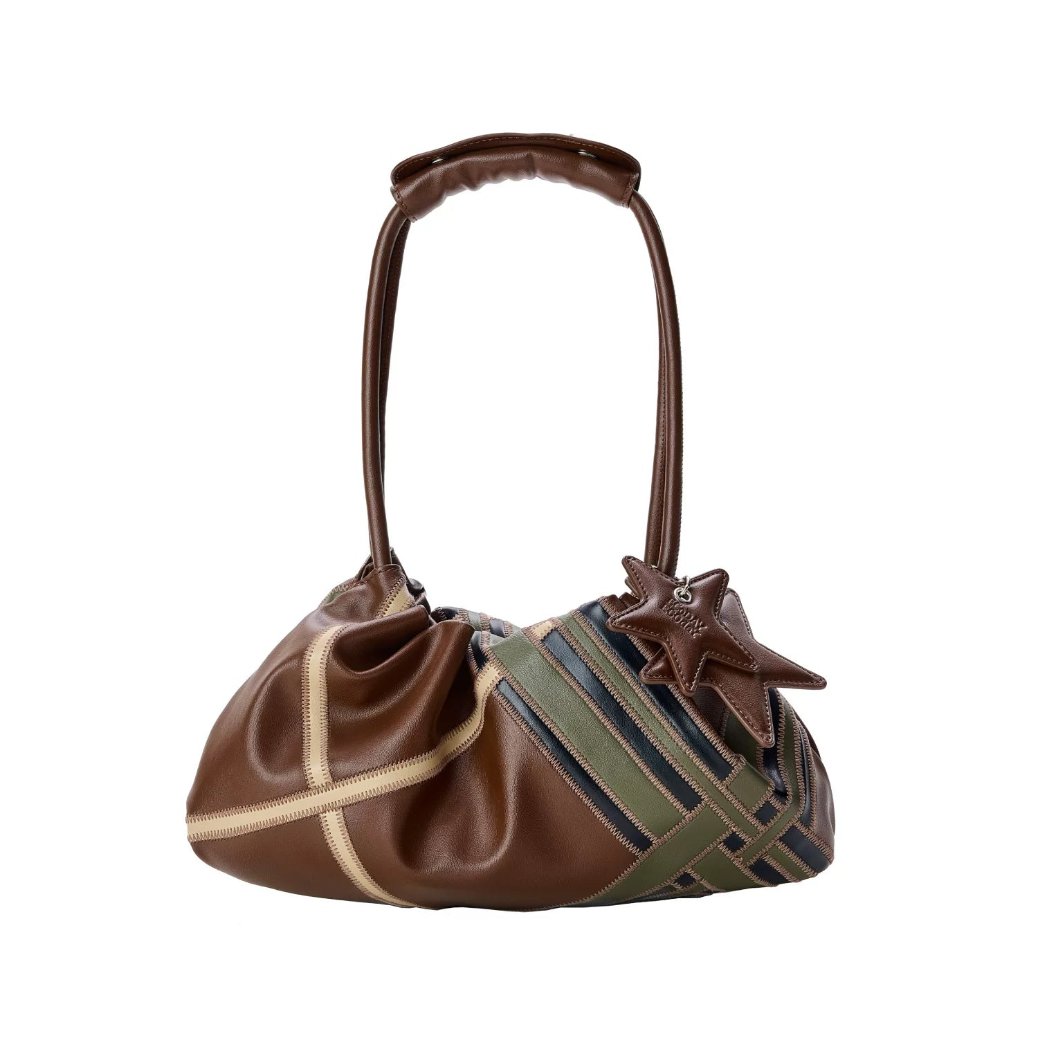 Striped Flat Moon Shoulder Bag - Mocha Brown