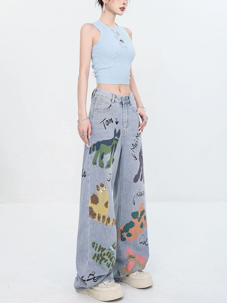 ABWEAR Whimsical Critter Doodle Wide-Leg Jeans