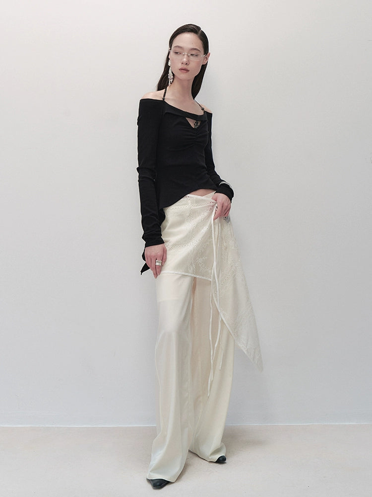 Embroidered Wrap Skirt Wide-Leg Trousers