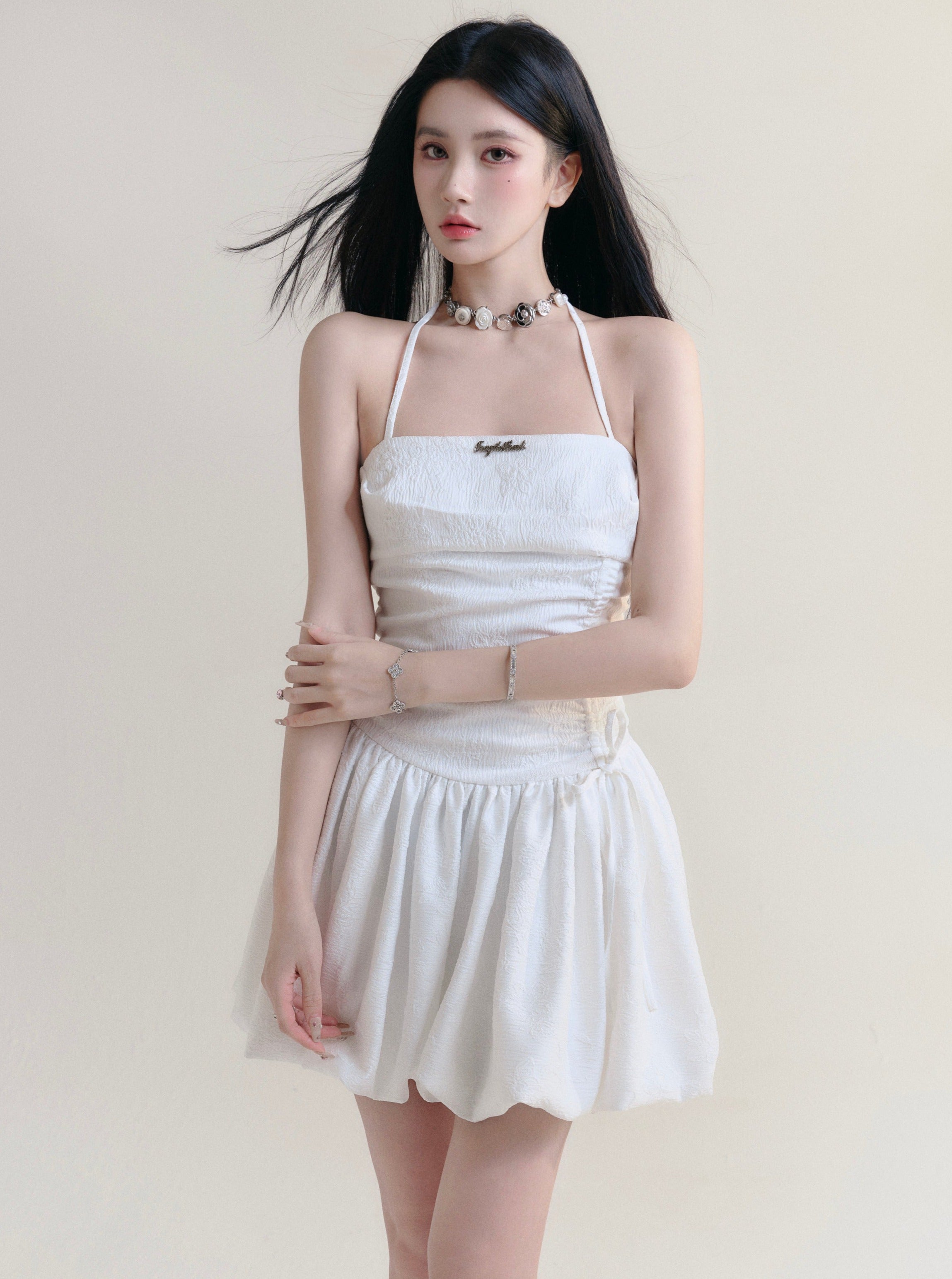 Angelic White Halter Mini Sundress with Ruched Bodice