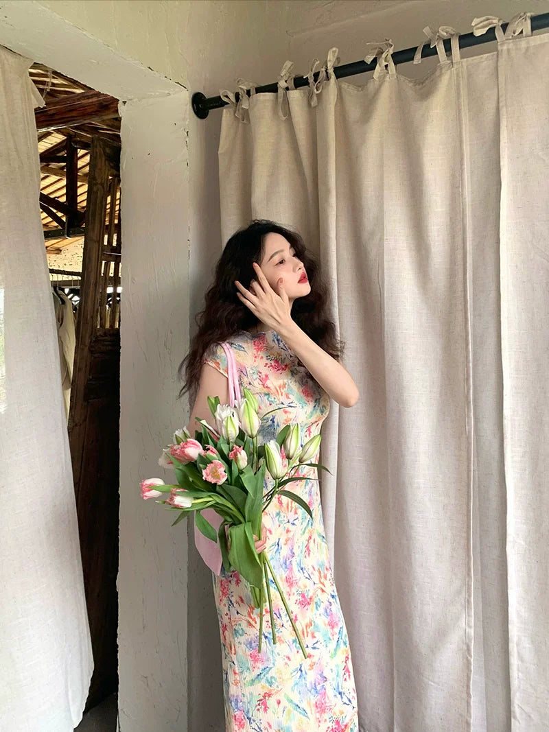 Pastel Watercolor Floral Cheongsam Maxi Dress
